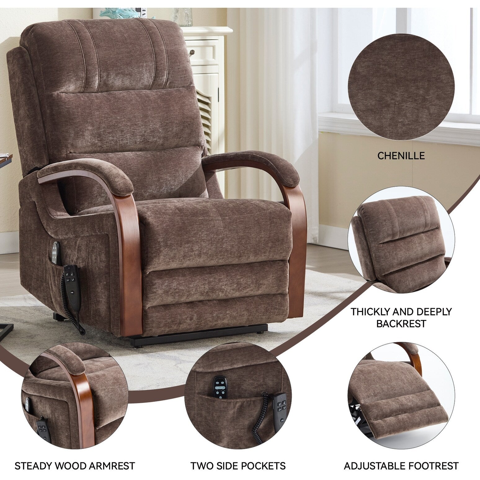 180Â° Power Lift Recliner Chair with Massage & Heat,Solid Wood Armrests