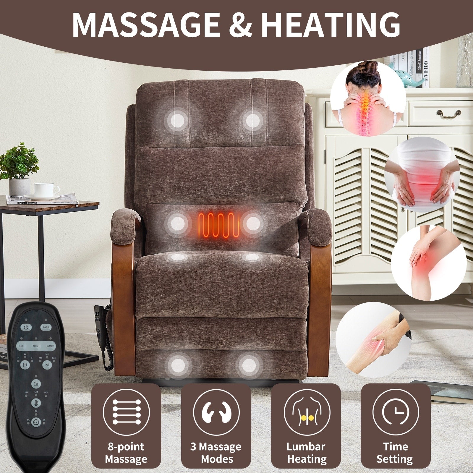 180Â° Power Lift Recliner Chair with Massage & Heat,Solid Wood Armrests