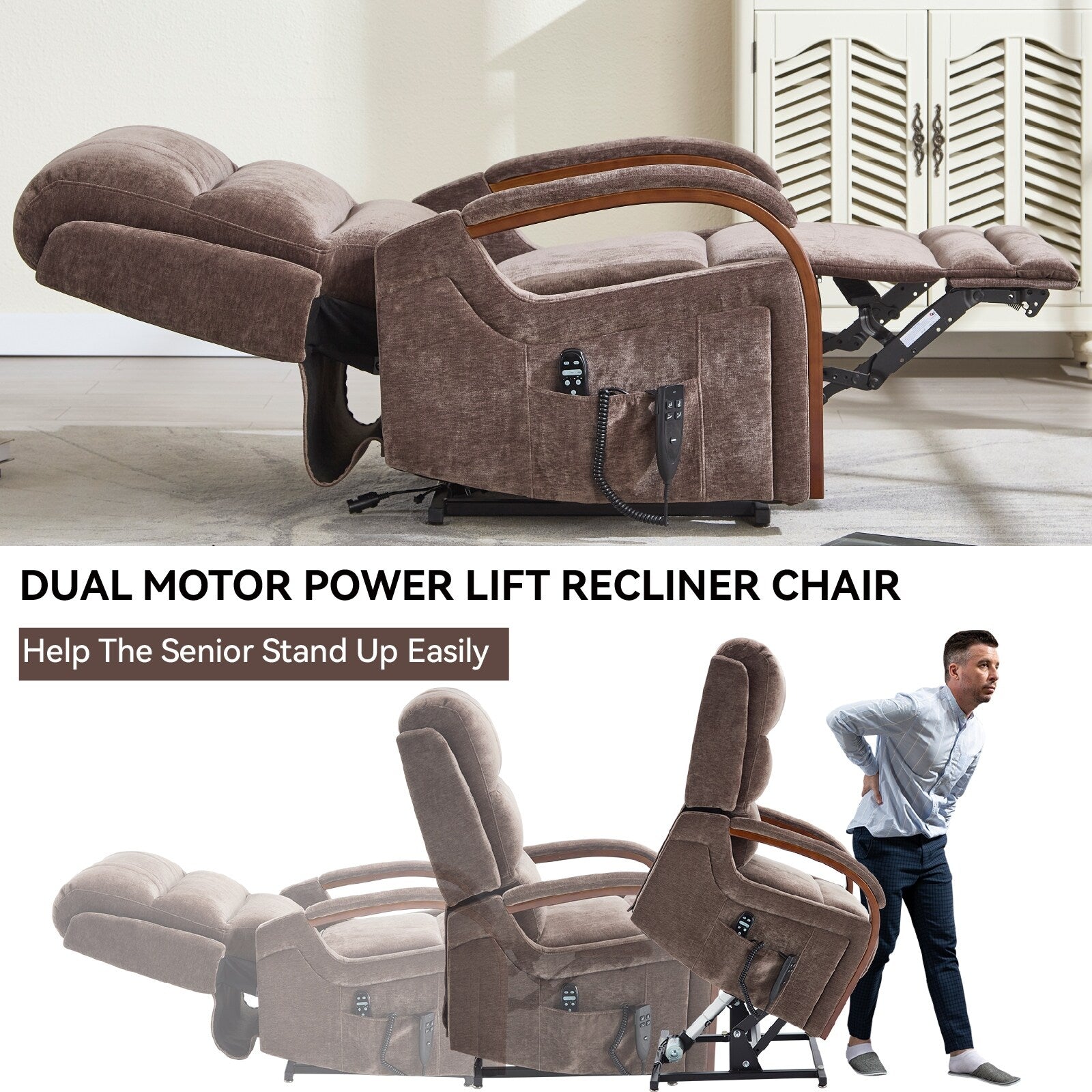 180Â° Power Lift Recliner Chair with Massage & Heat,Solid Wood Armrests