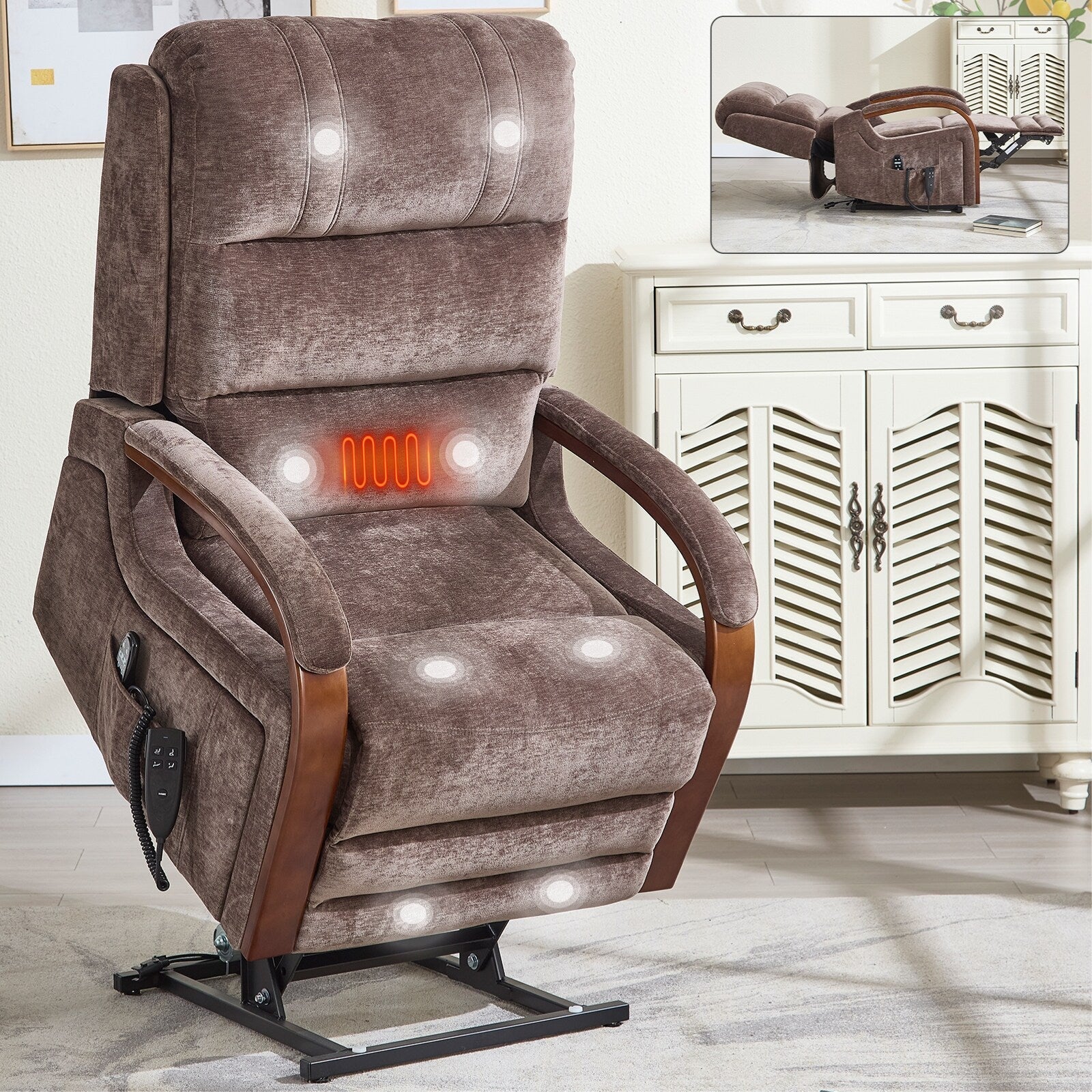 180Â° Power Lift Recliner Chair with Massage & Heat,Solid Wood Armrests