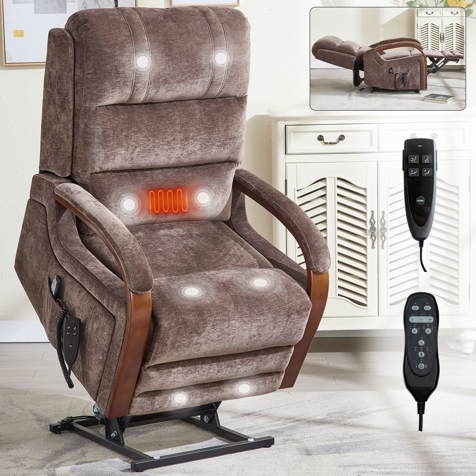 180Â° Power Lift Recliner Chair with Massage & Heat,Solid Wood Armrests