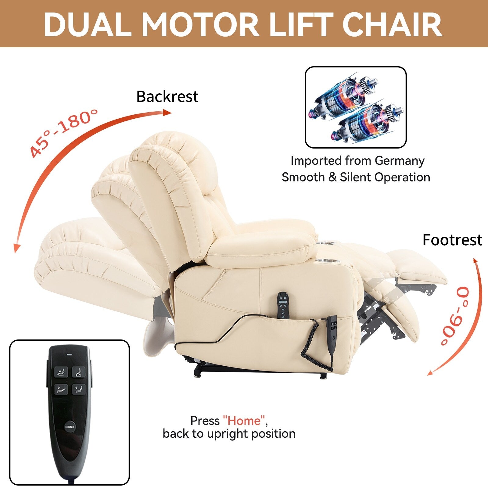 180Â° Power Lift Recliner Chair,Dual Motor, Stainless steel Cup Holders
