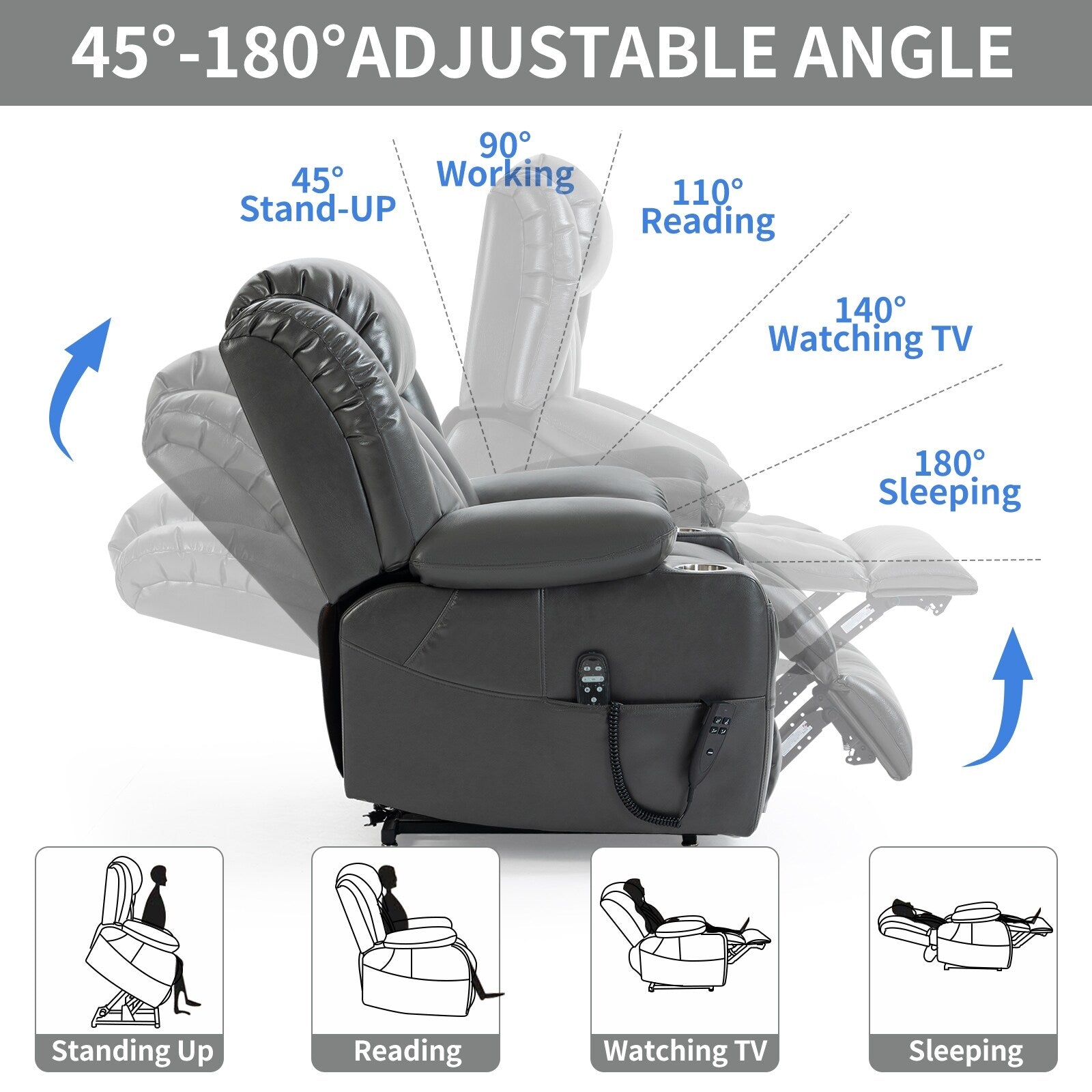180Â° Power Lift Recliner Chair,Dual Motor, Stainless steel Cup Holders