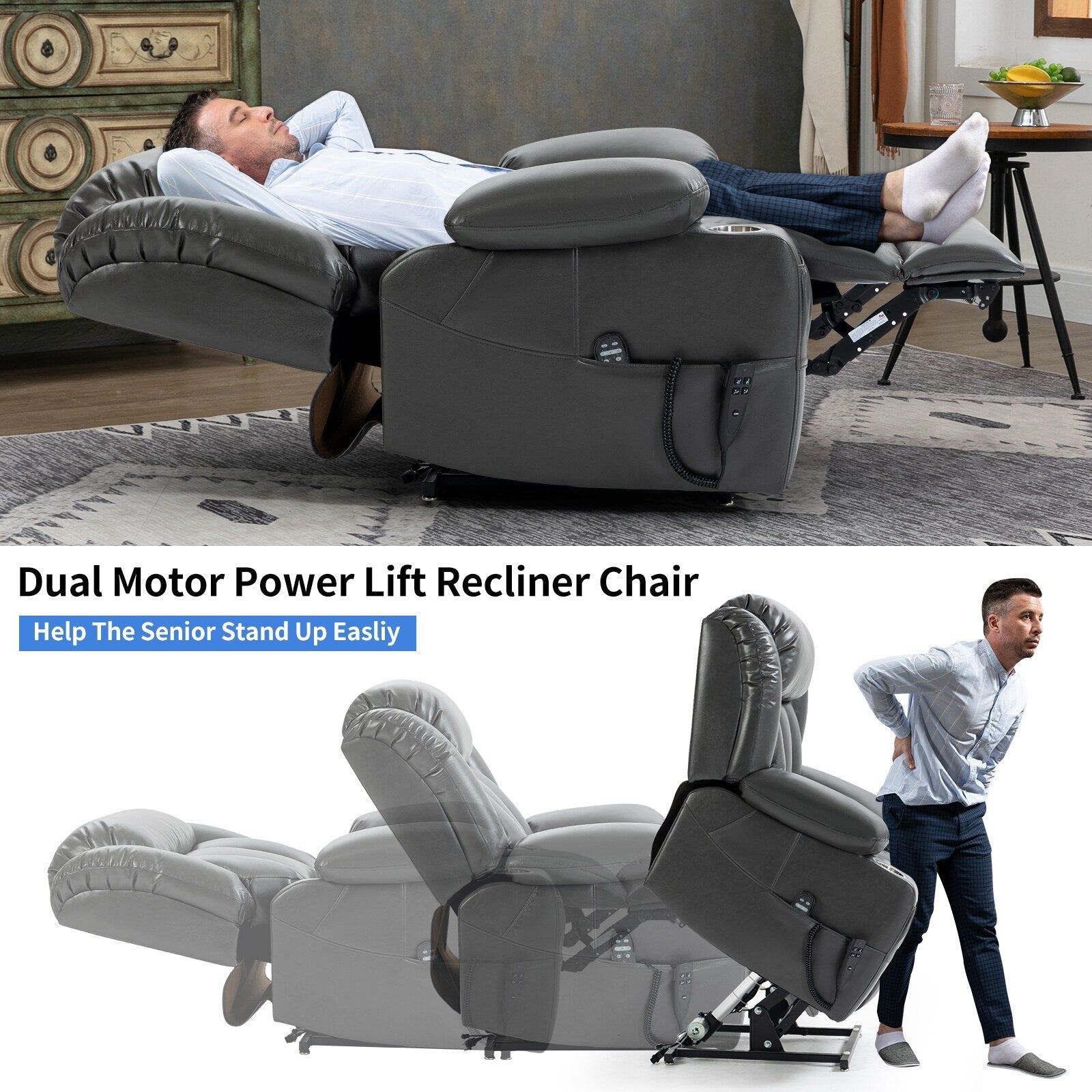 180Â° Power Lift Recliner Chair,Dual Motor, Stainless steel Cup Holders