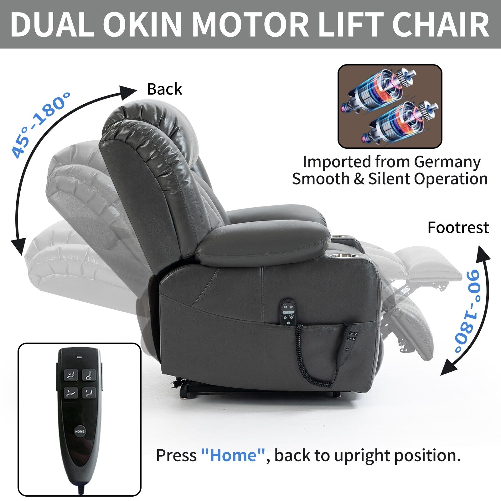 180Â° Power Lift Recliner Chair,Dual Motor, Stainless steel Cup Holders