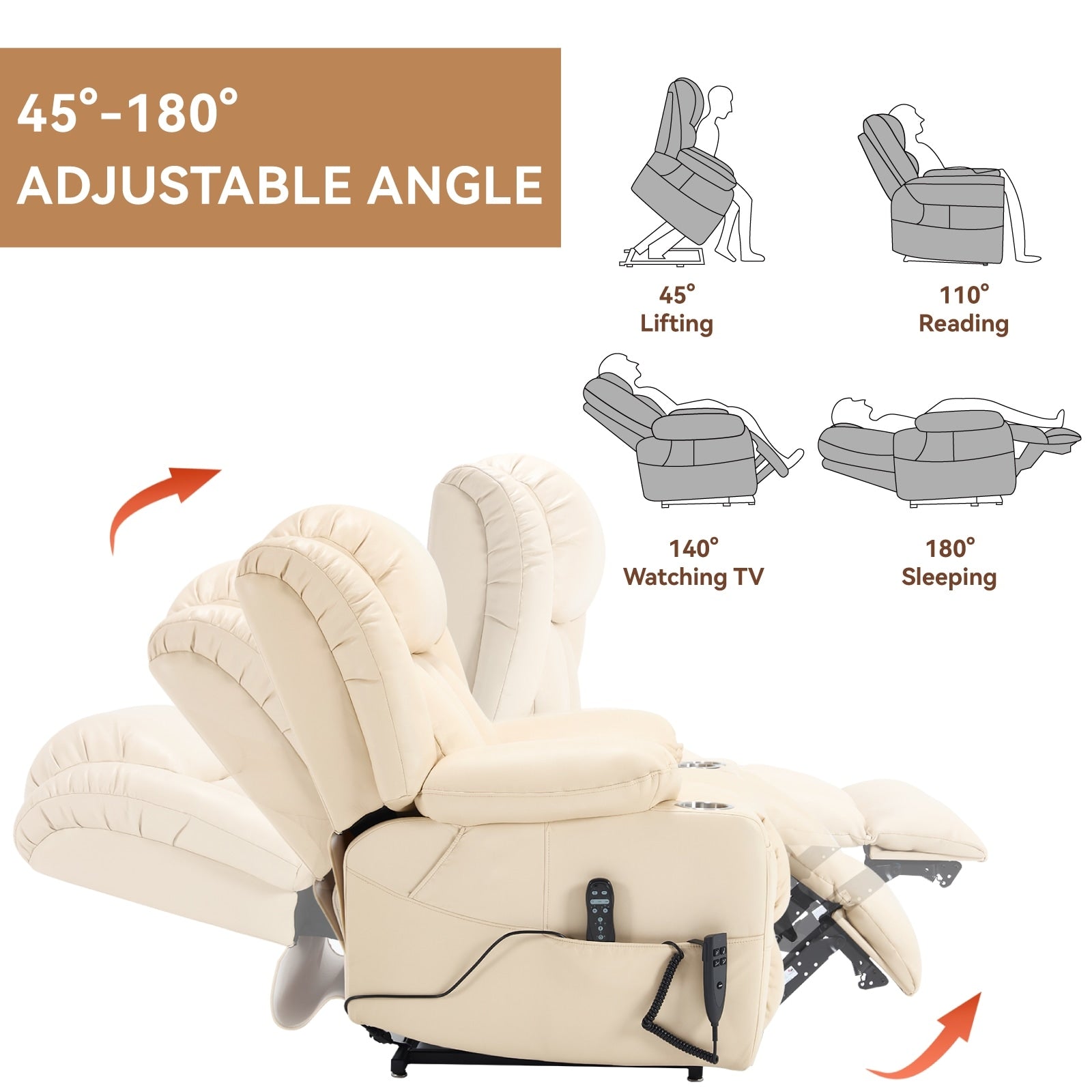 180Â° Power Lift Recliner Chair,Dual Motor, Stainless steel Cup Holders