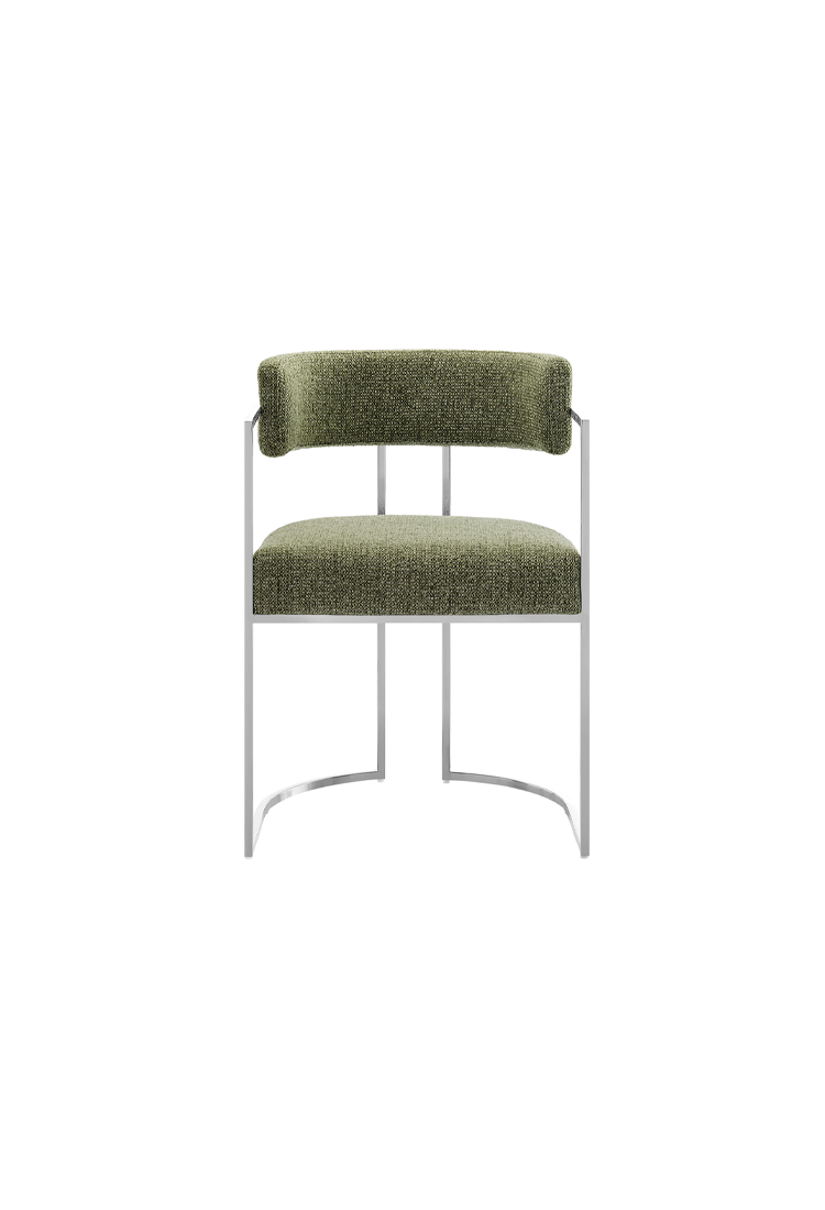 Chaise de salle à manger Ardenza à dossier incurvé en tissu et métal, feuille d'argent