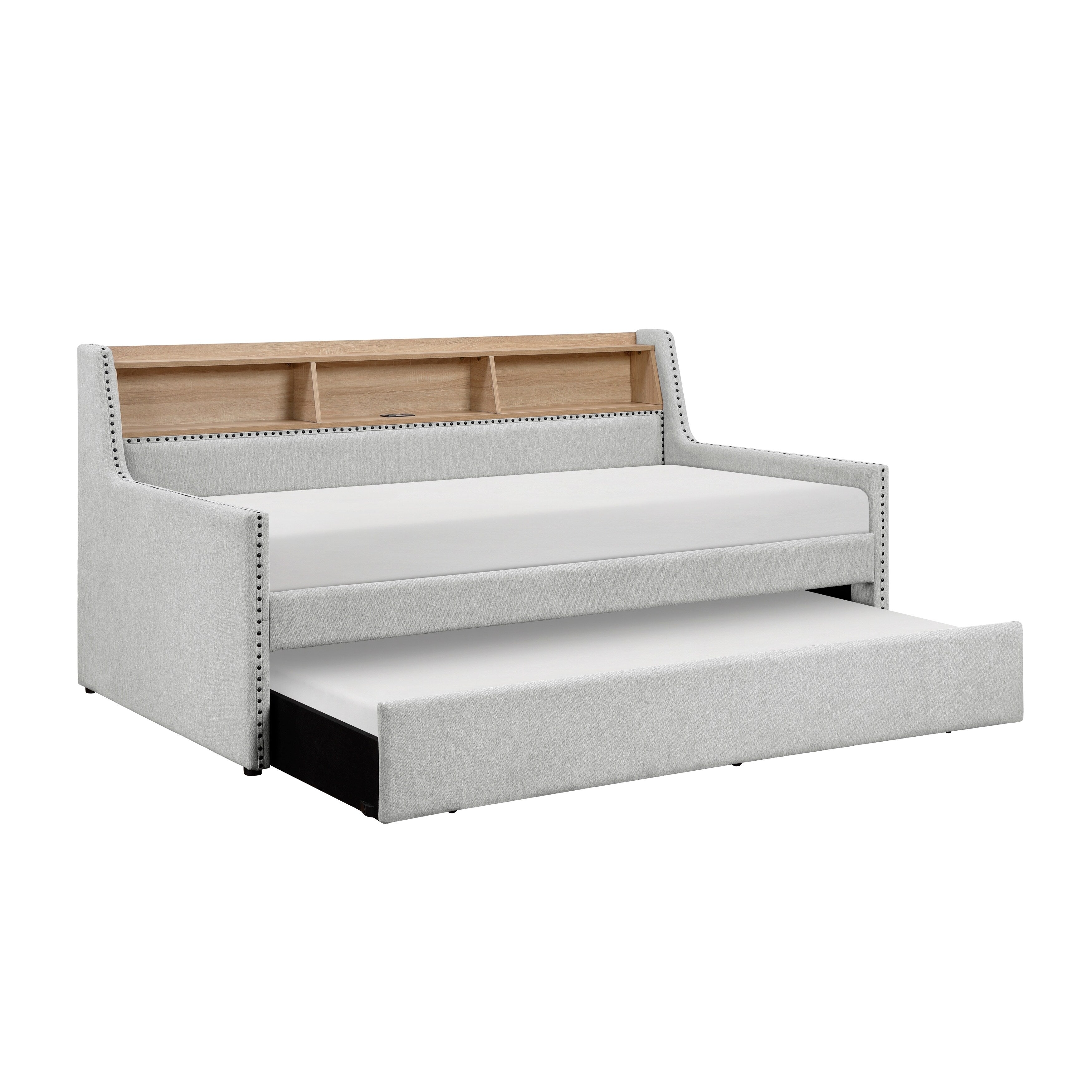 1pc Light Gray Daybed with Pull-Out Trundle Bookcase Side Panel Charging Ports Nailhead Trim Modern Design Furniture