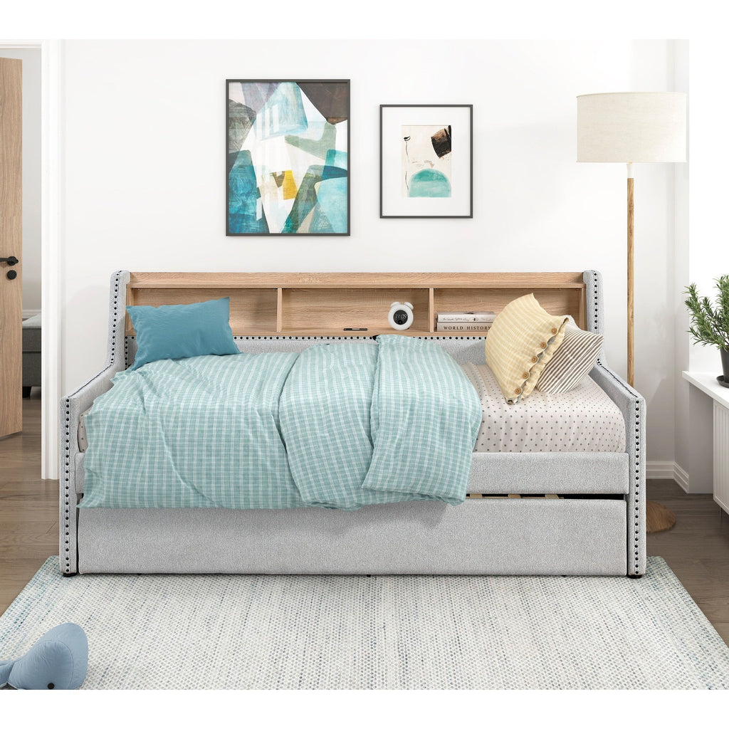 1pc Light Gray Daybed with Pull-Out Trundle Bookcase Side Panel Charging Ports Nailhead Trim Modern Design Furniture