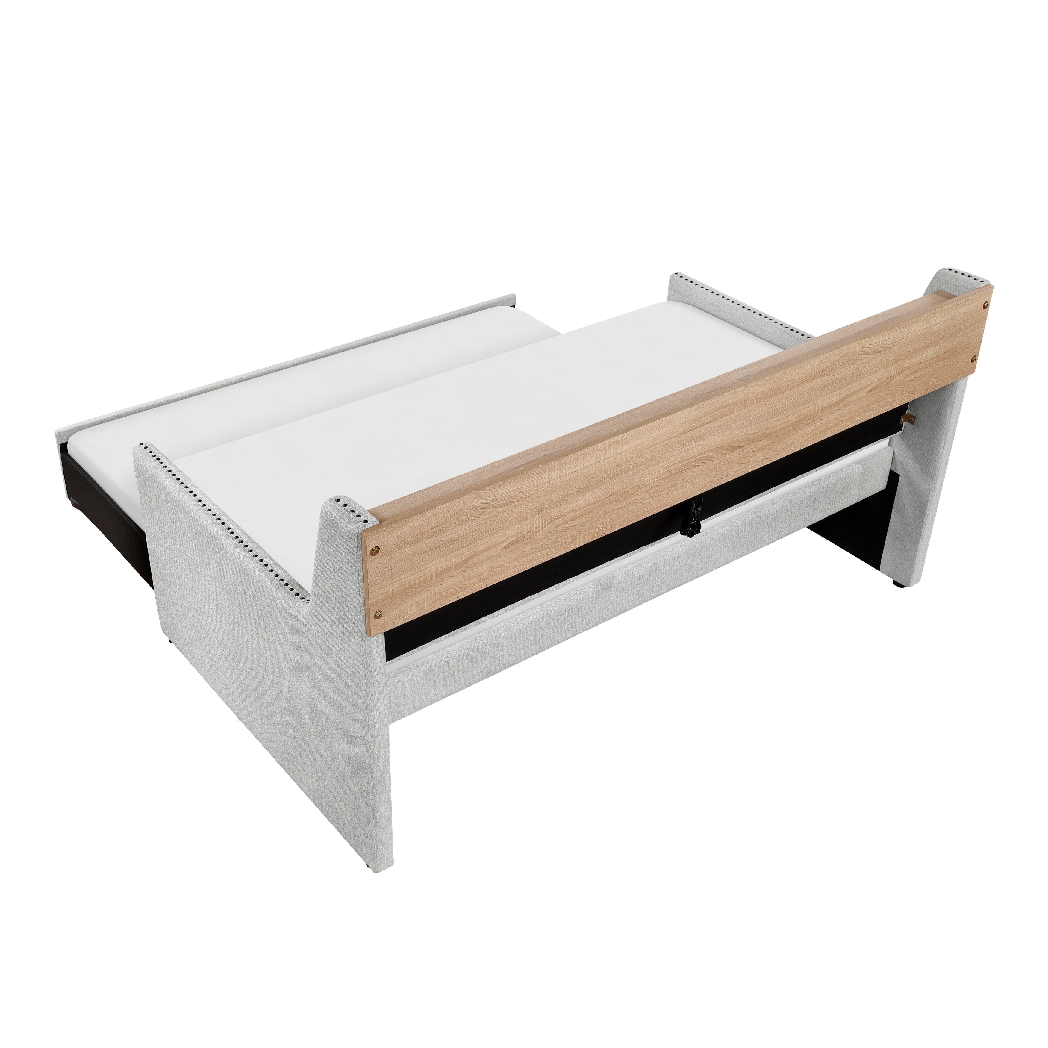 1pc Light Gray Daybed with Pull-Out Trundle Bookcase Side Panel Charging Ports Nailhead Trim Modern Design Furniture