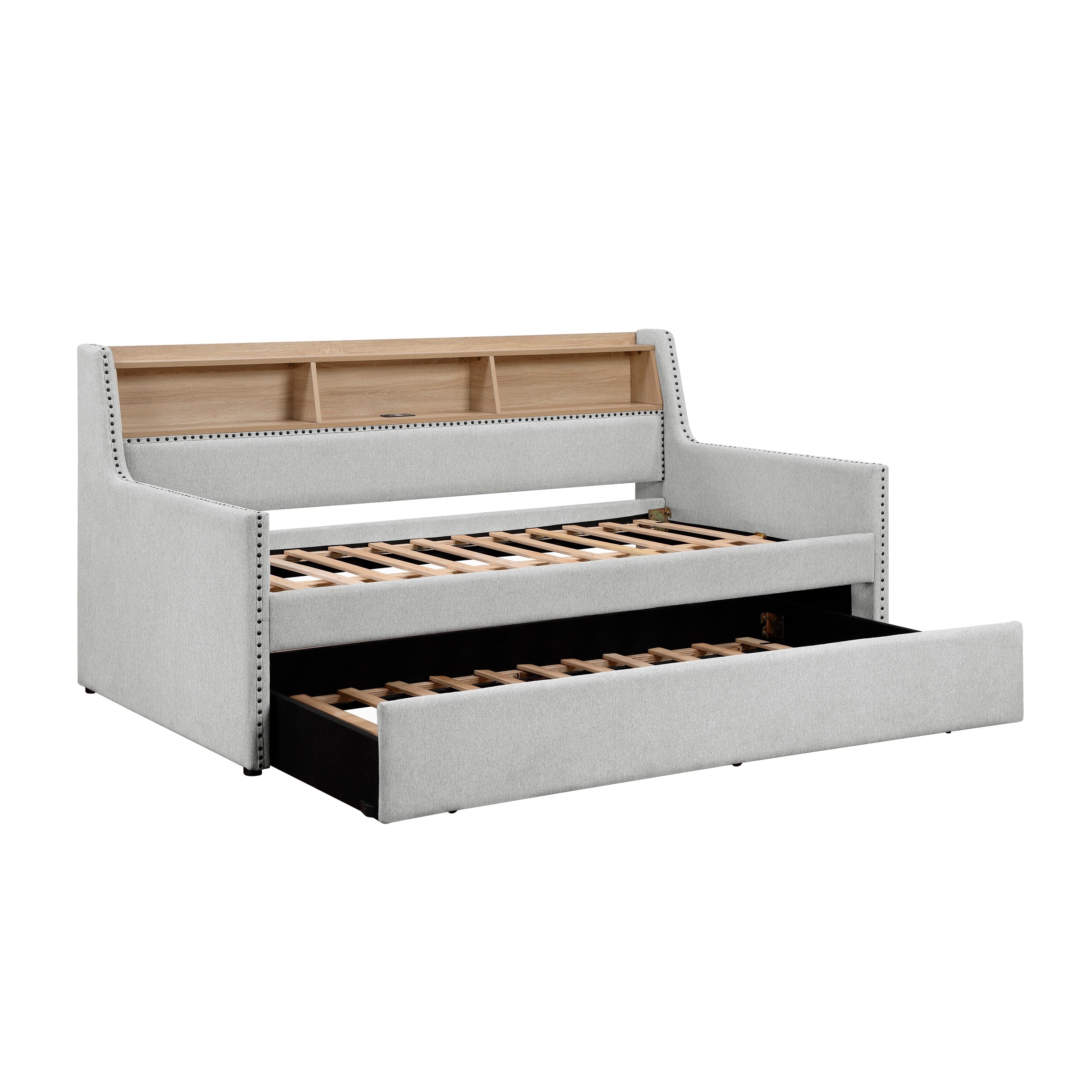 1pc Light Gray Daybed with Pull-Out Trundle Bookcase Side Panel Charging Ports Nailhead Trim Modern Design Furniture