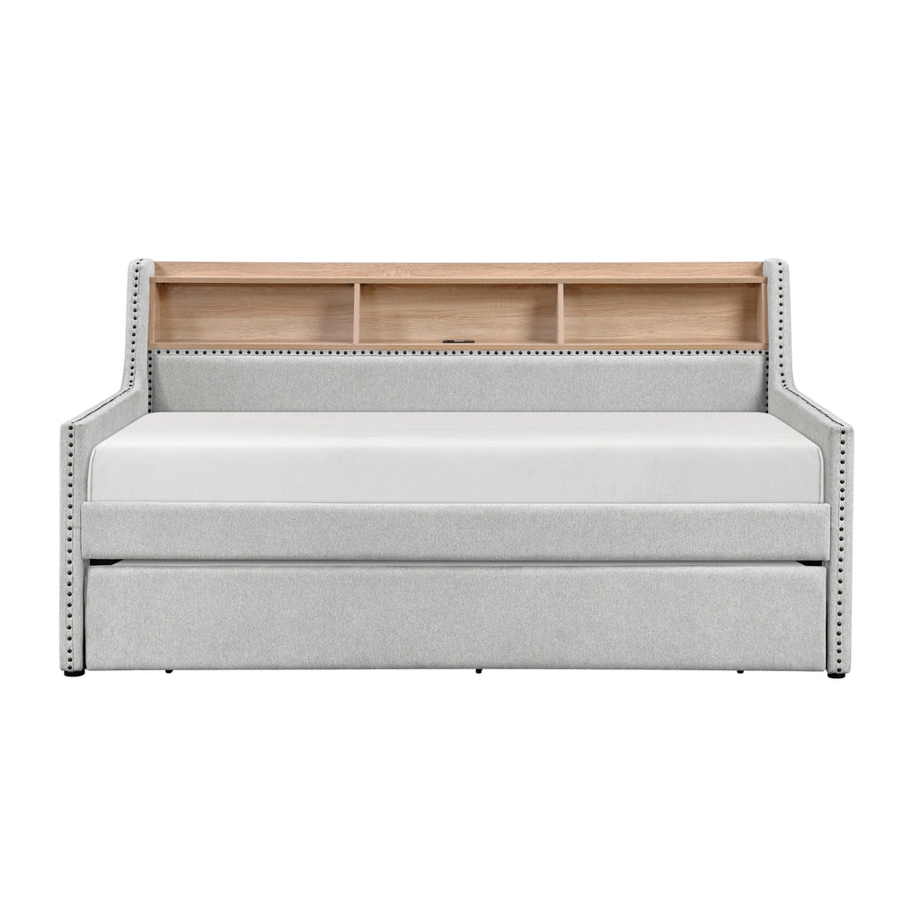 1pc Light Gray Daybed with Pull-Out Trundle Bookcase Side Panel Charging Ports Nailhead Trim Modern Design Furniture