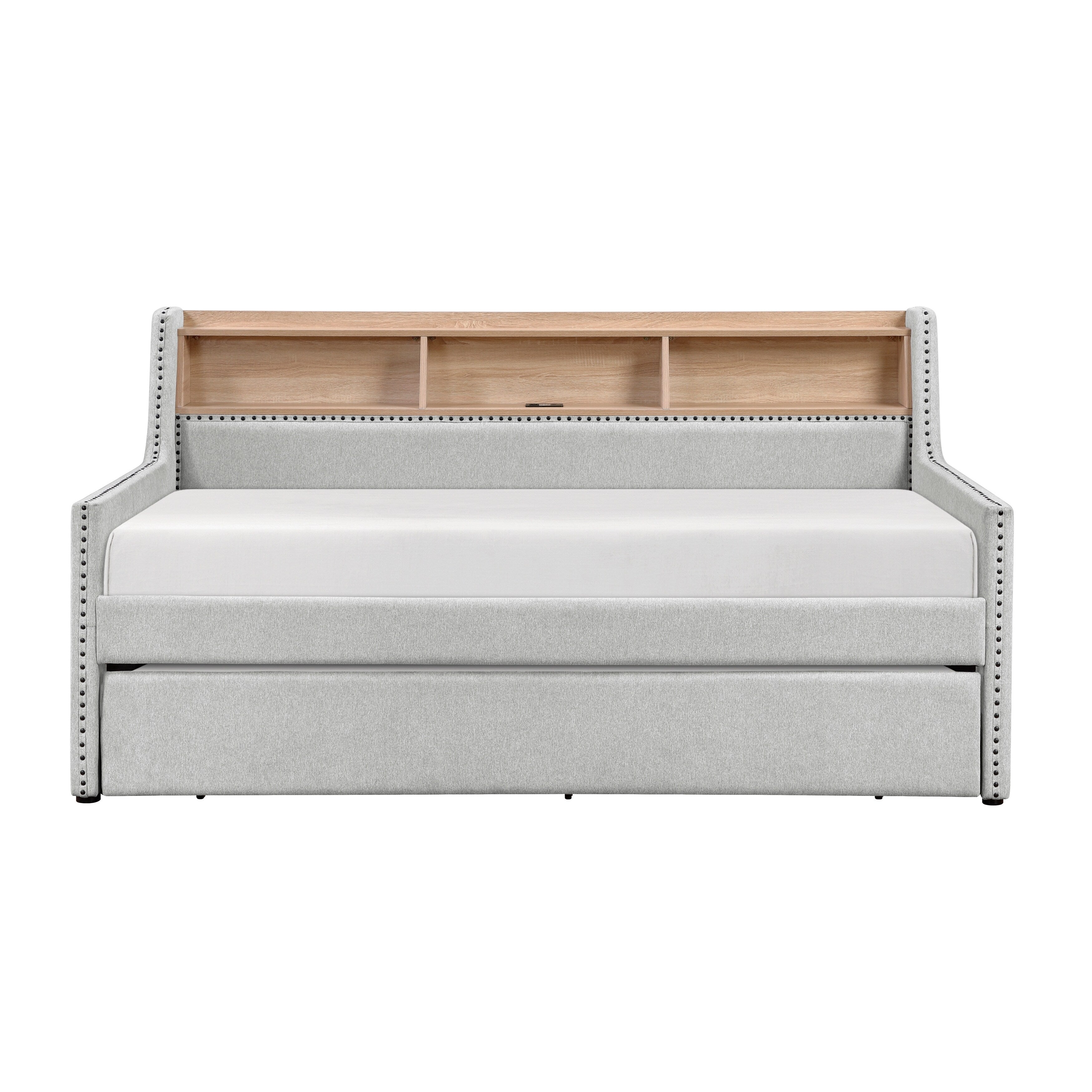 1pc Light Gray Daybed with Pull-Out Trundle Bookcase Side Panel Charging Ports Nailhead Trim Modern Design Furniture