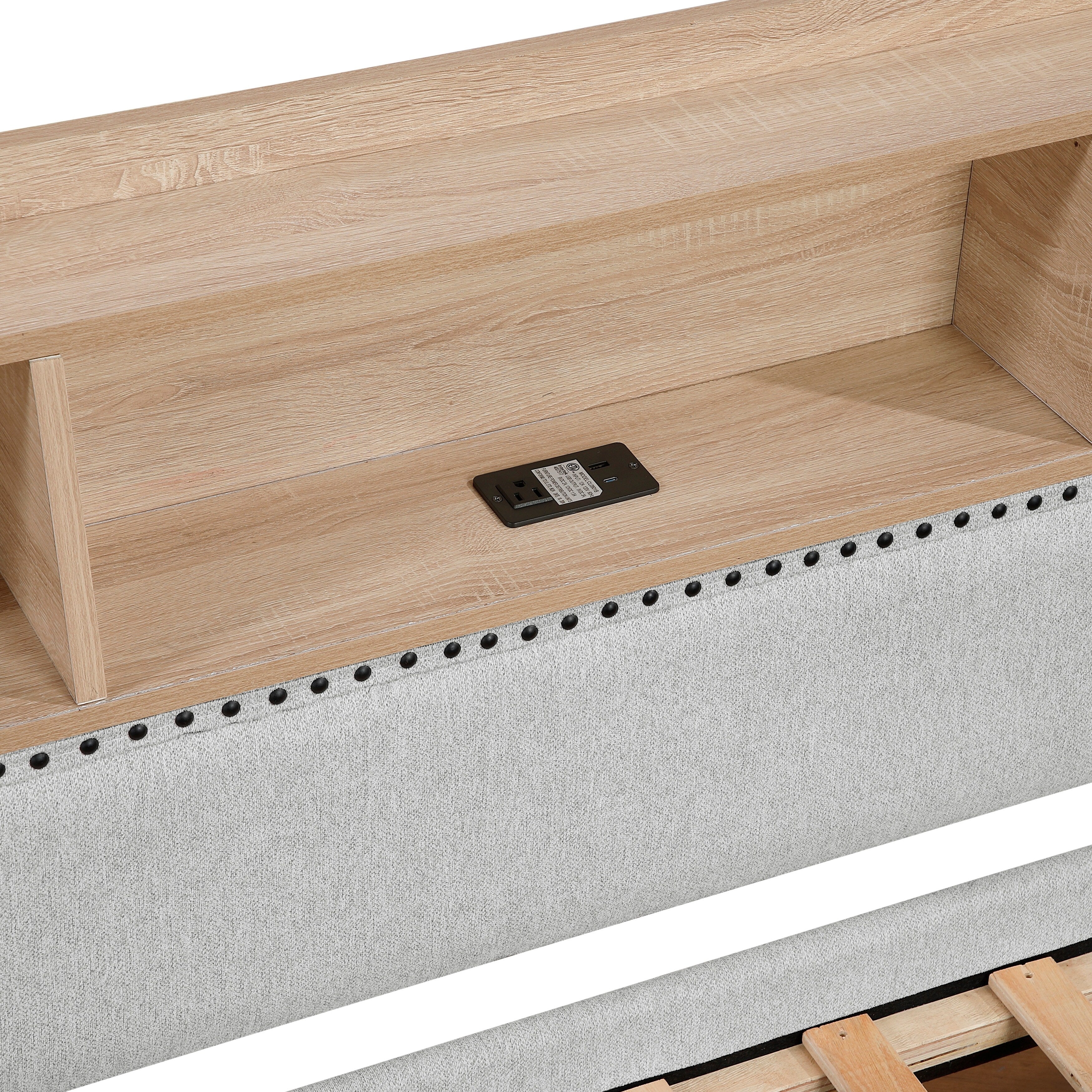 1pc Light Gray Daybed with Pull-Out Trundle Bookcase Side Panel Charging Ports Nailhead Trim Modern Design Furniture