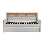 1pc Light Gray Daybed with Pull-Out Trundle Bookcase Side Panel Charging Ports Nailhead Trim Modern Design Furniture
