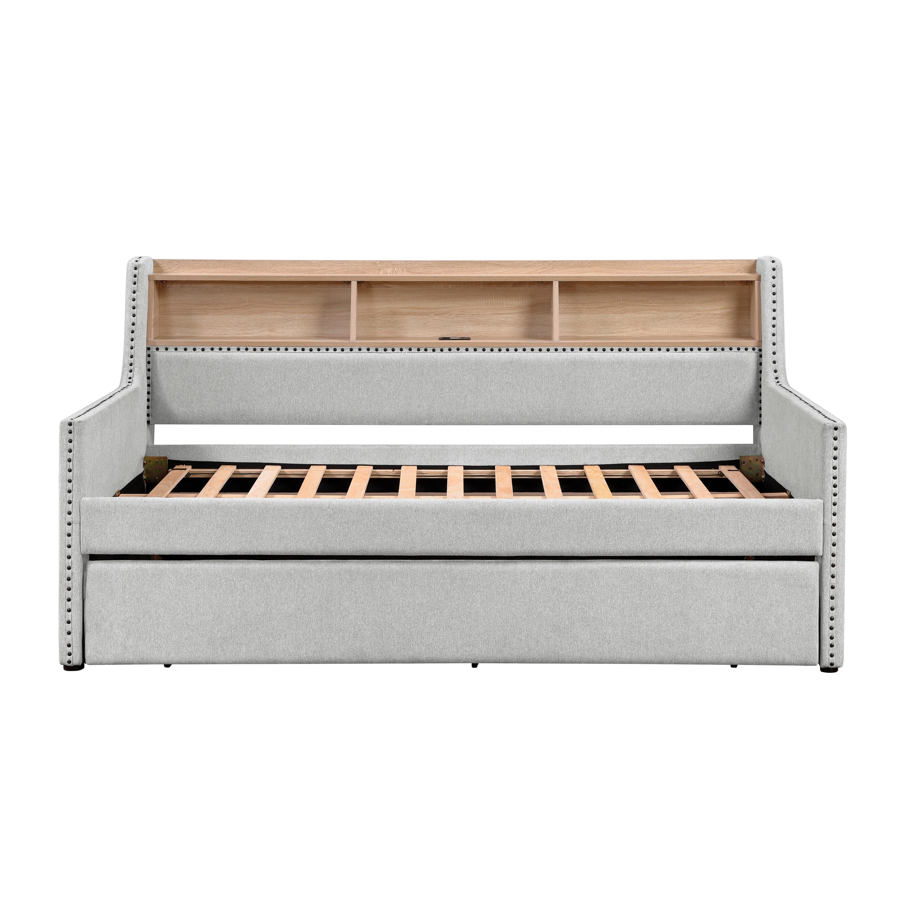 1pc Light Gray Daybed with Pull-Out Trundle Bookcase Side Panel Charging Ports Nailhead Trim Modern Design Furniture