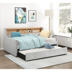 1pc Light Gray Daybed with Pull-Out Trundle Bookcase Side Panel Charging Ports Nailhead Trim Modern Design Furniture