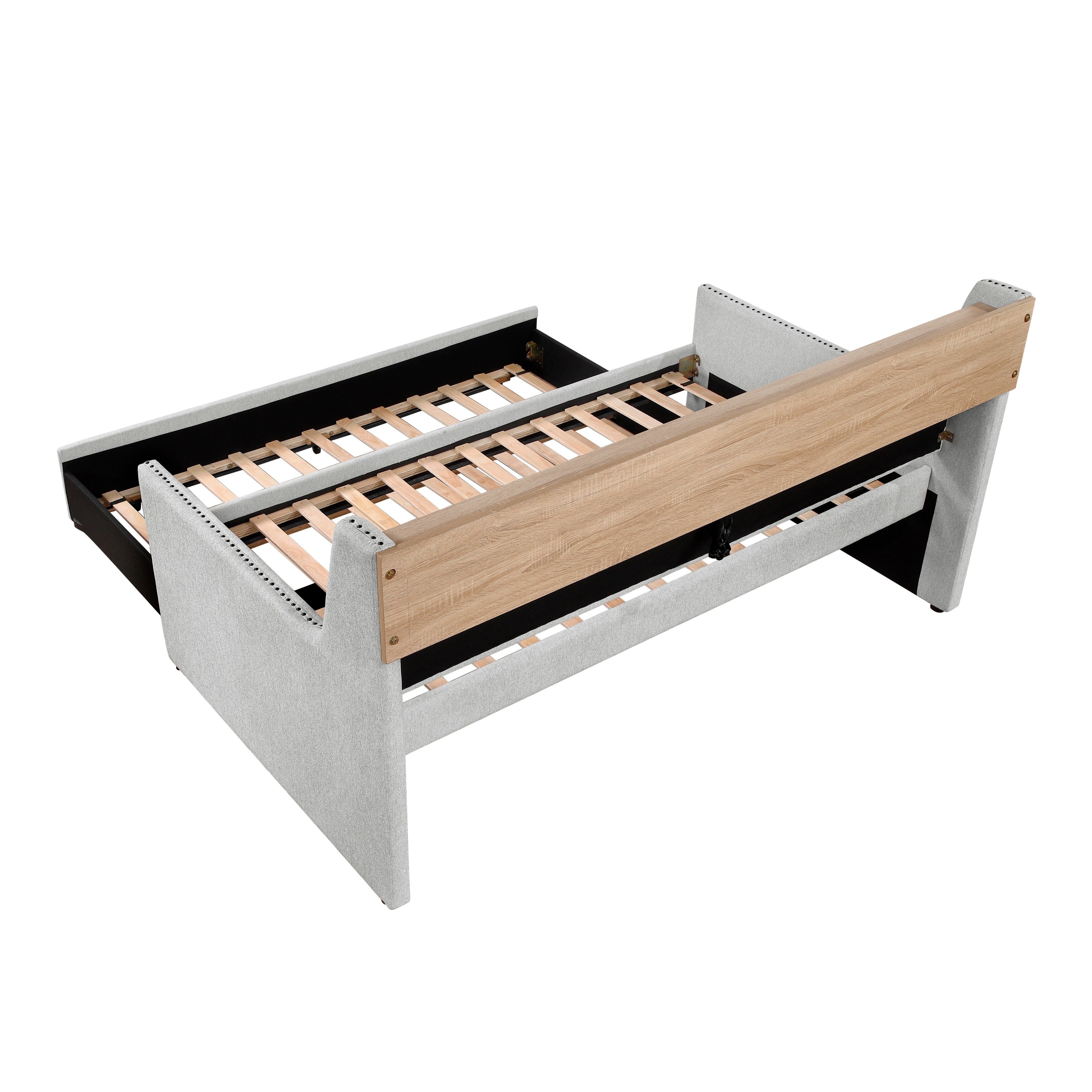 1pc Light Gray Daybed with Pull-Out Trundle Bookcase Side Panel Charging Ports Nailhead Trim Modern Design Furniture