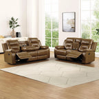2 Piece Upholstered Manual Sofa Set with Cup Holders in Brown