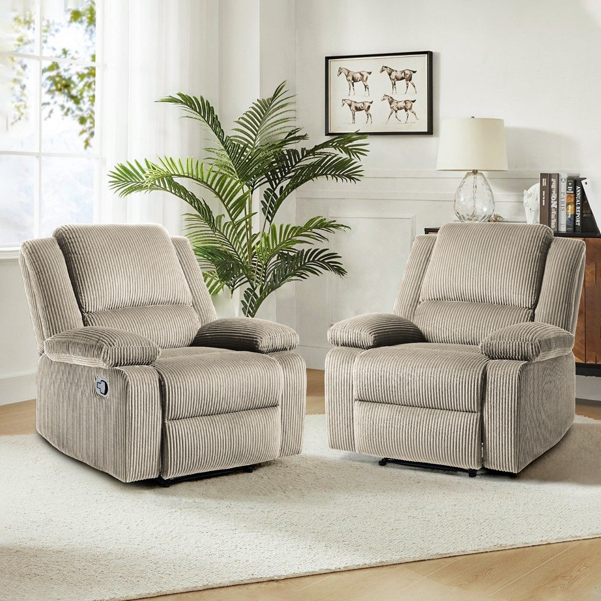 2 Set Corduroy Manual Recliner Glider Club Chair with Footrest