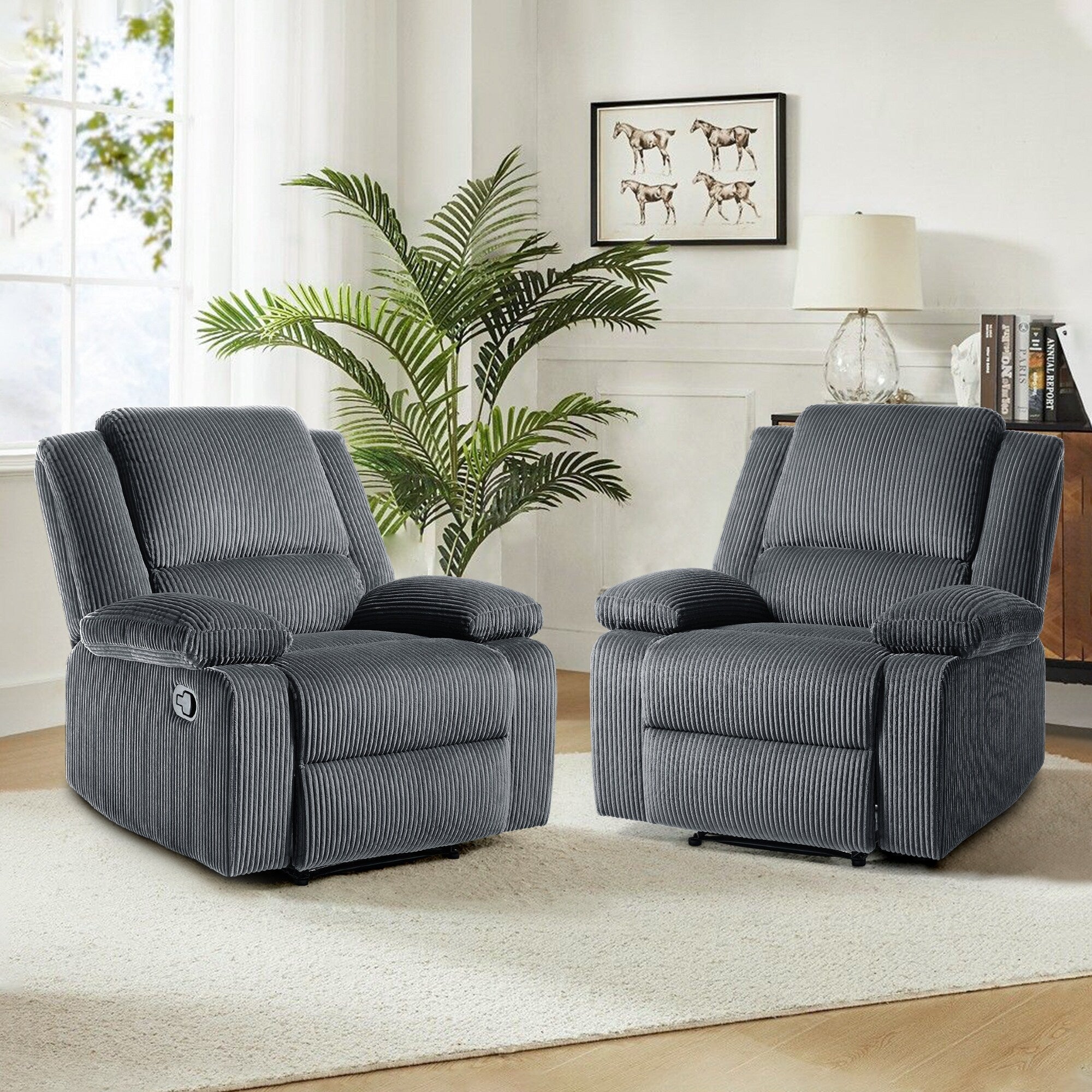 2 Set Corduroy Manual Recliner Glider Club Chair with Footrest