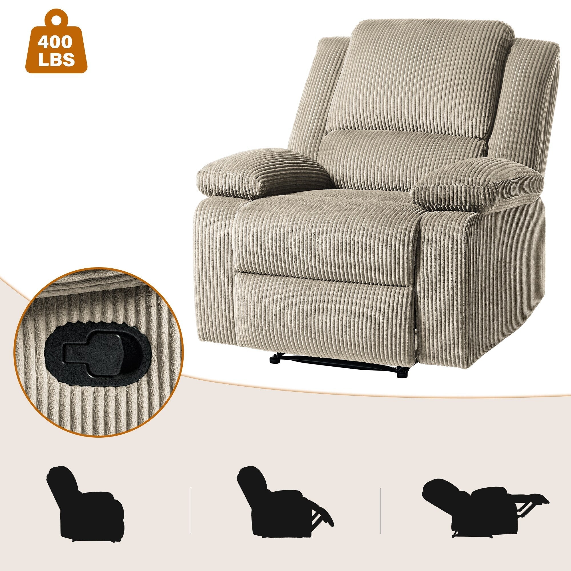 2 Set Corduroy Manual Recliner Glider Club Chair with Footrest