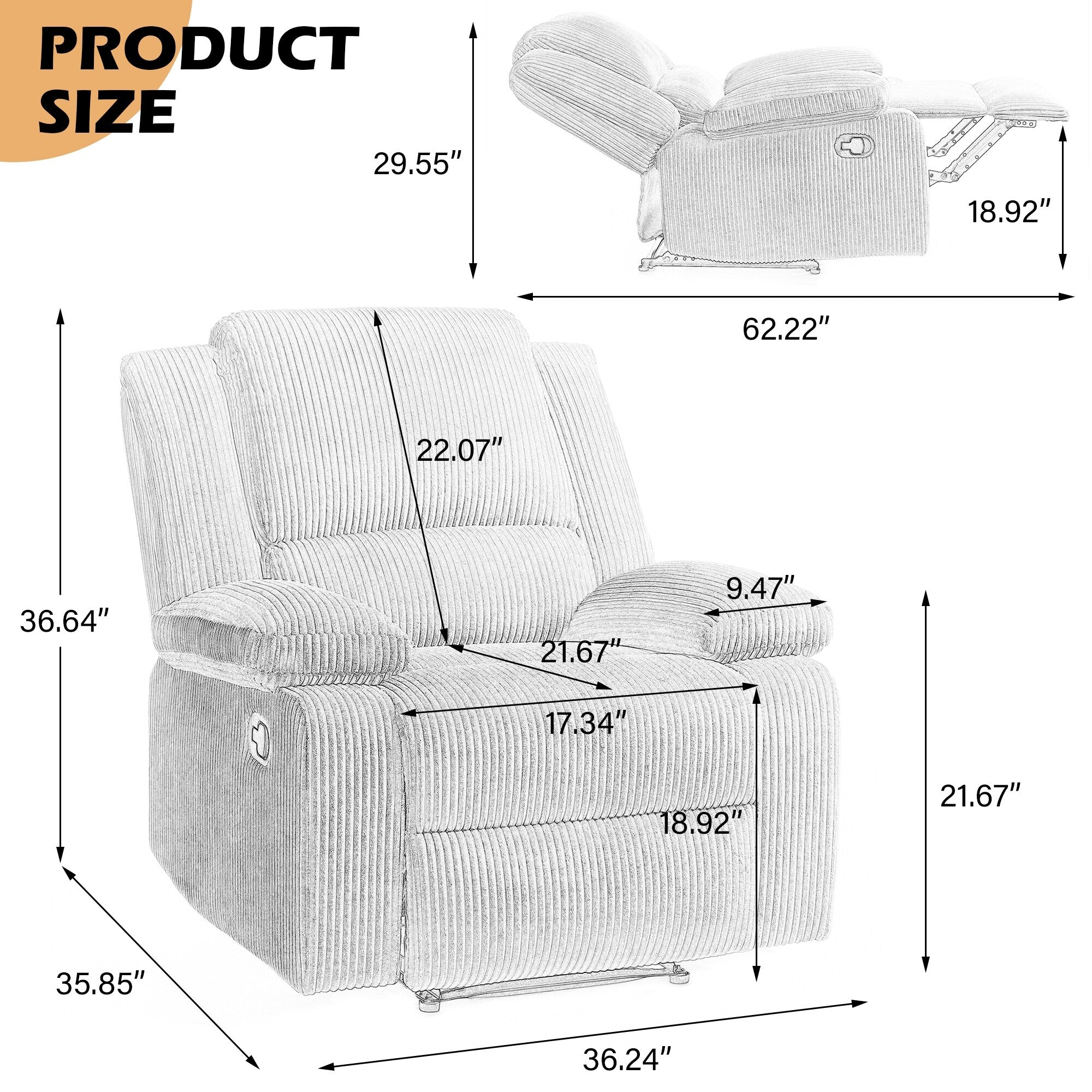 2 Set Corduroy Manual Recliner Glider Club Chair with Footrest