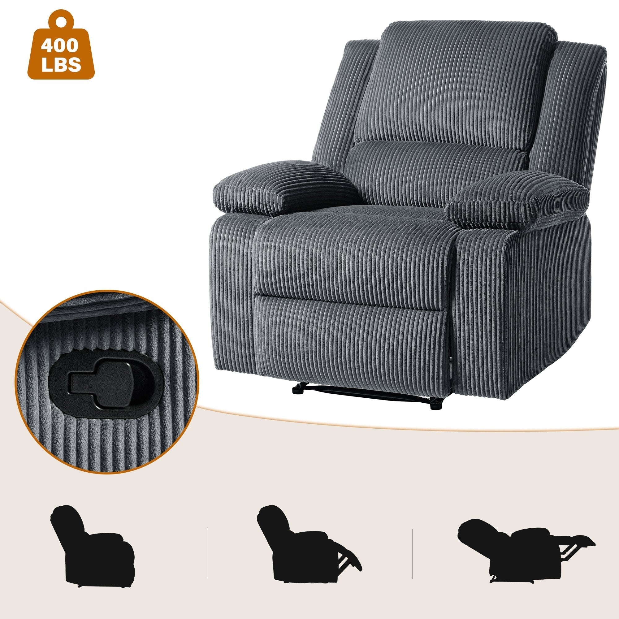 2 Set Corduroy Manual Recliner Glider Club Chair with Footrest