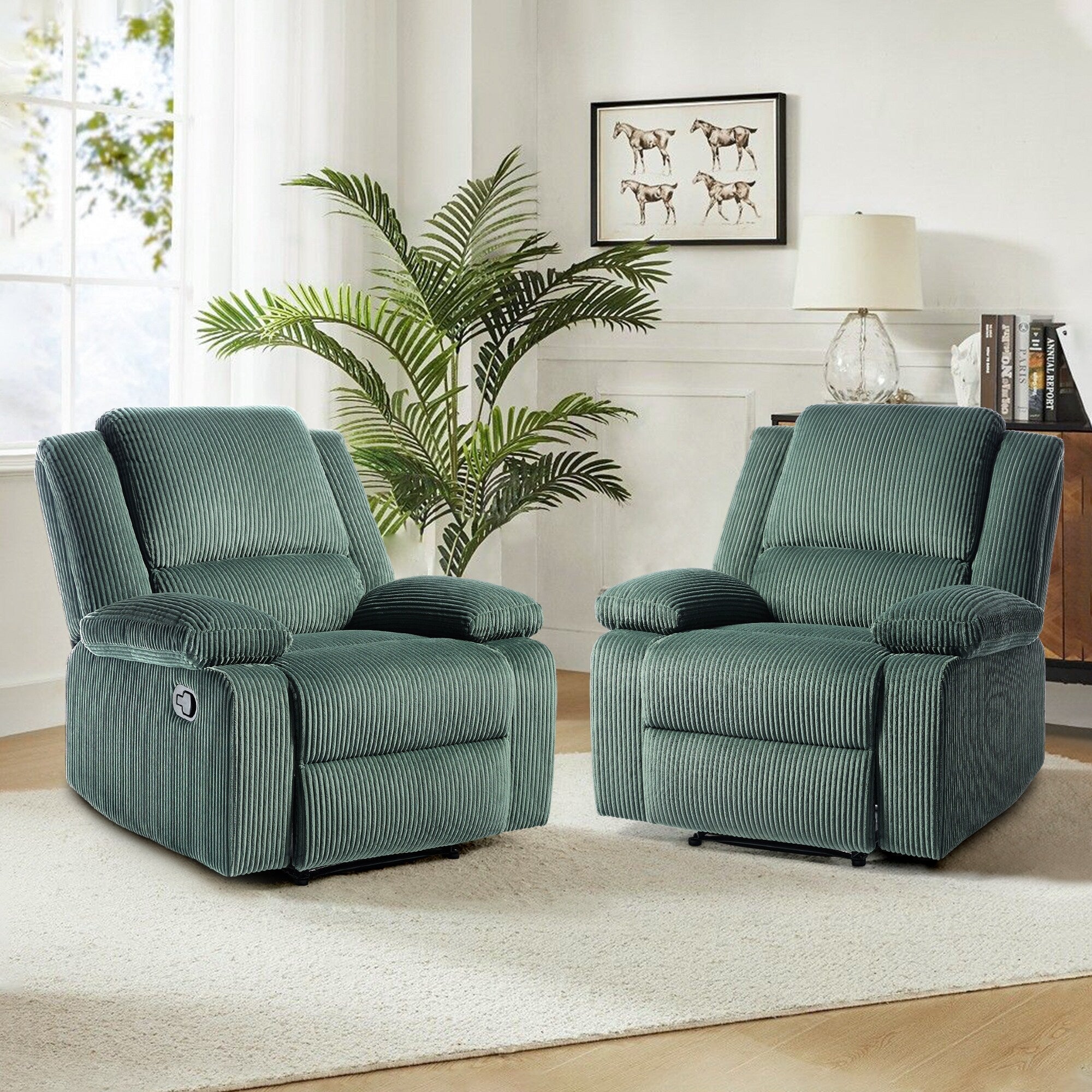 2 Set Corduroy Manual Recliner Glider Club Chair with Footrest