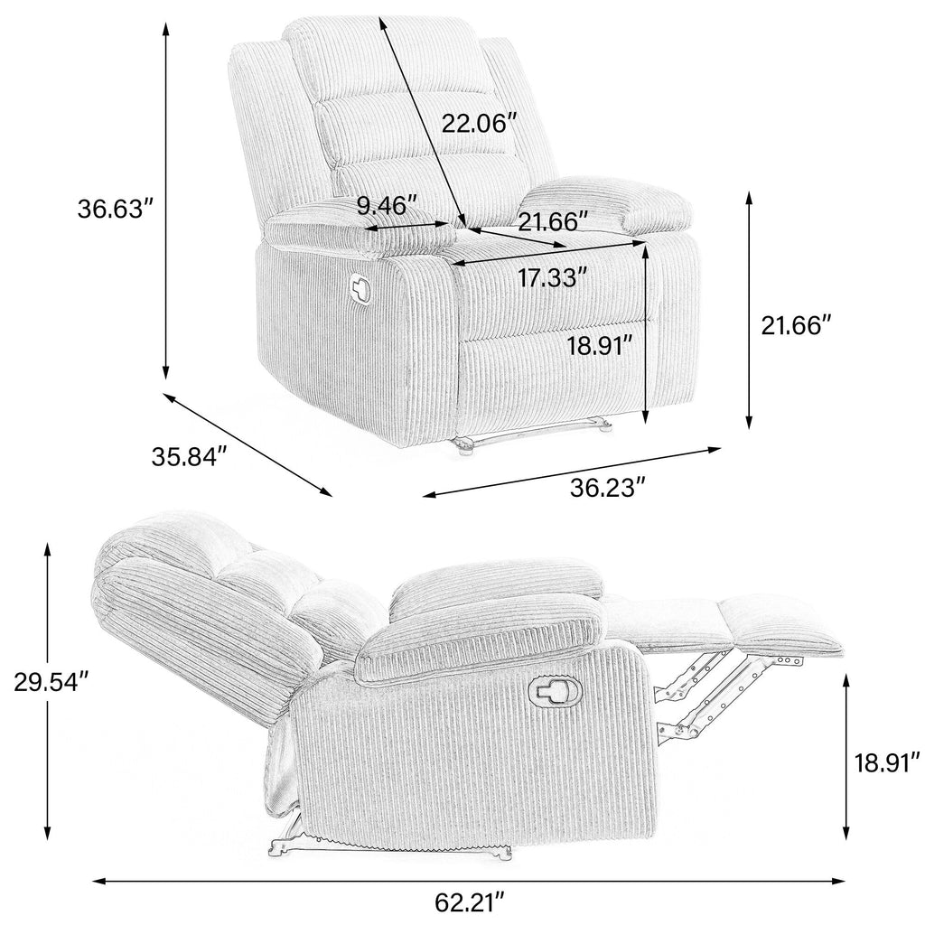 2 Set Modern Corduroy Manual Recliner Chair, Oversize Accent Chair Recliner with Wide Armrest