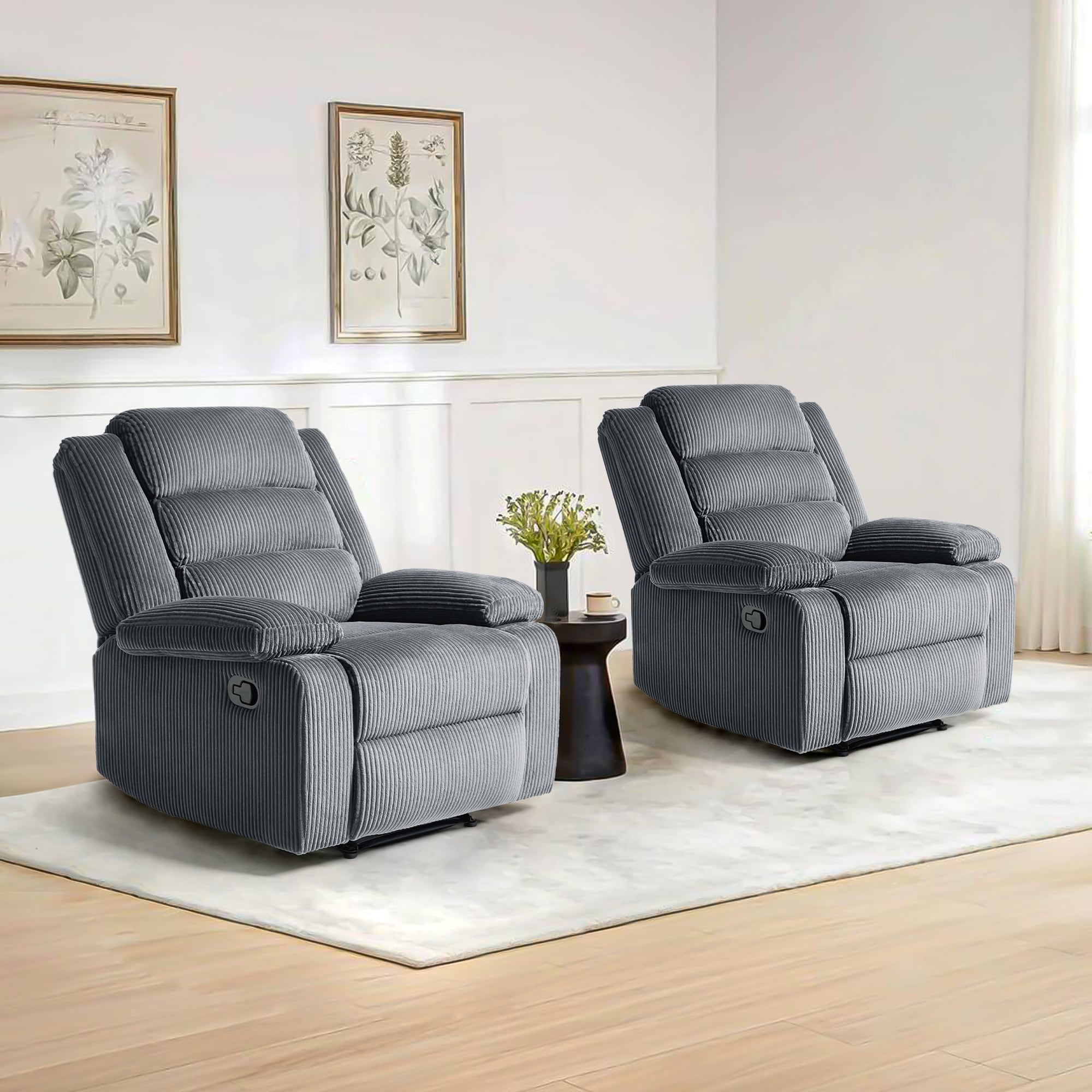 2 Set Modern Corduroy Manual Recliner Chair, Oversize Accent Chair Recliner with Wide Armrest