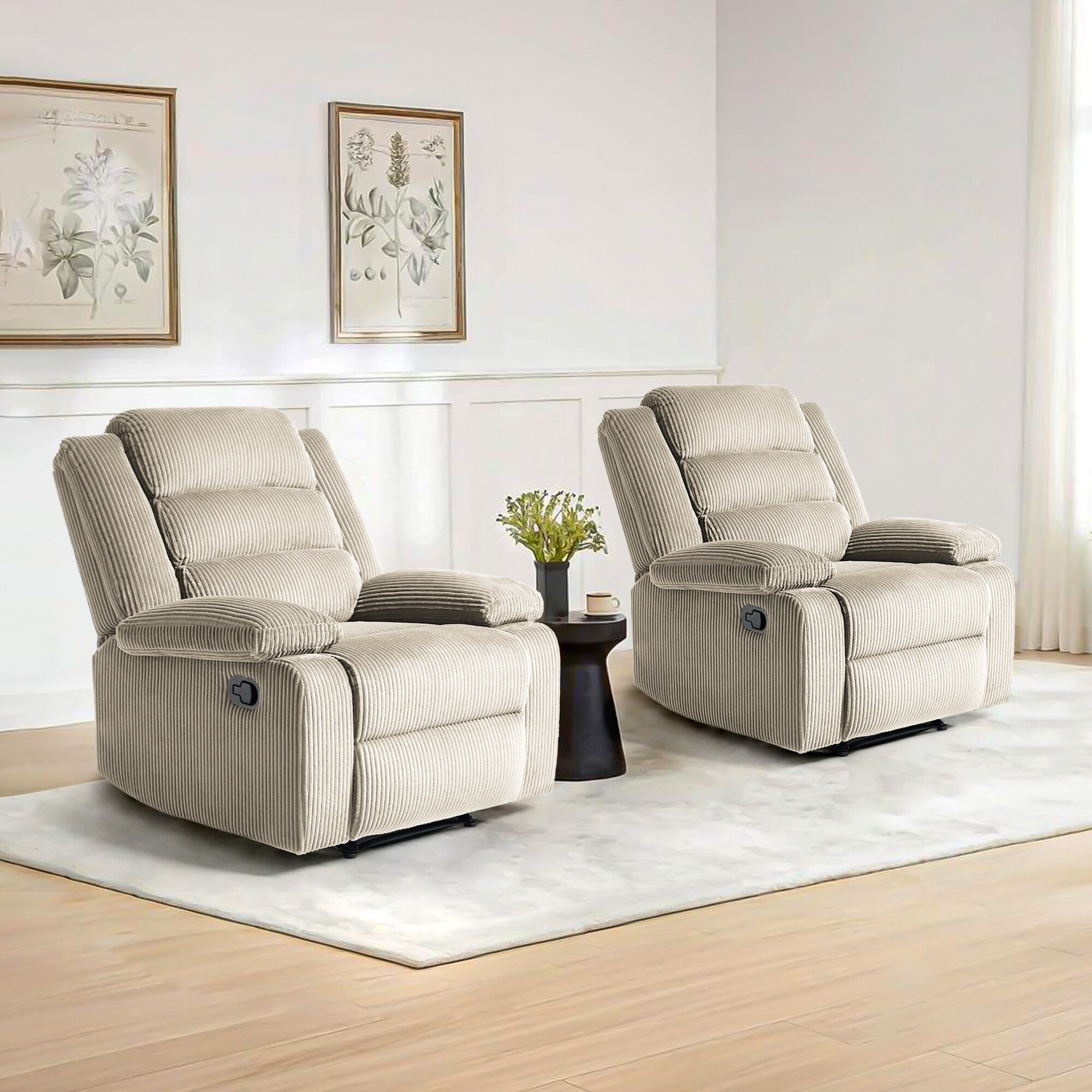 2 Set Modern Corduroy Manual Recliner Chair, Oversize Accent Chair Recliner with Wide Armrest