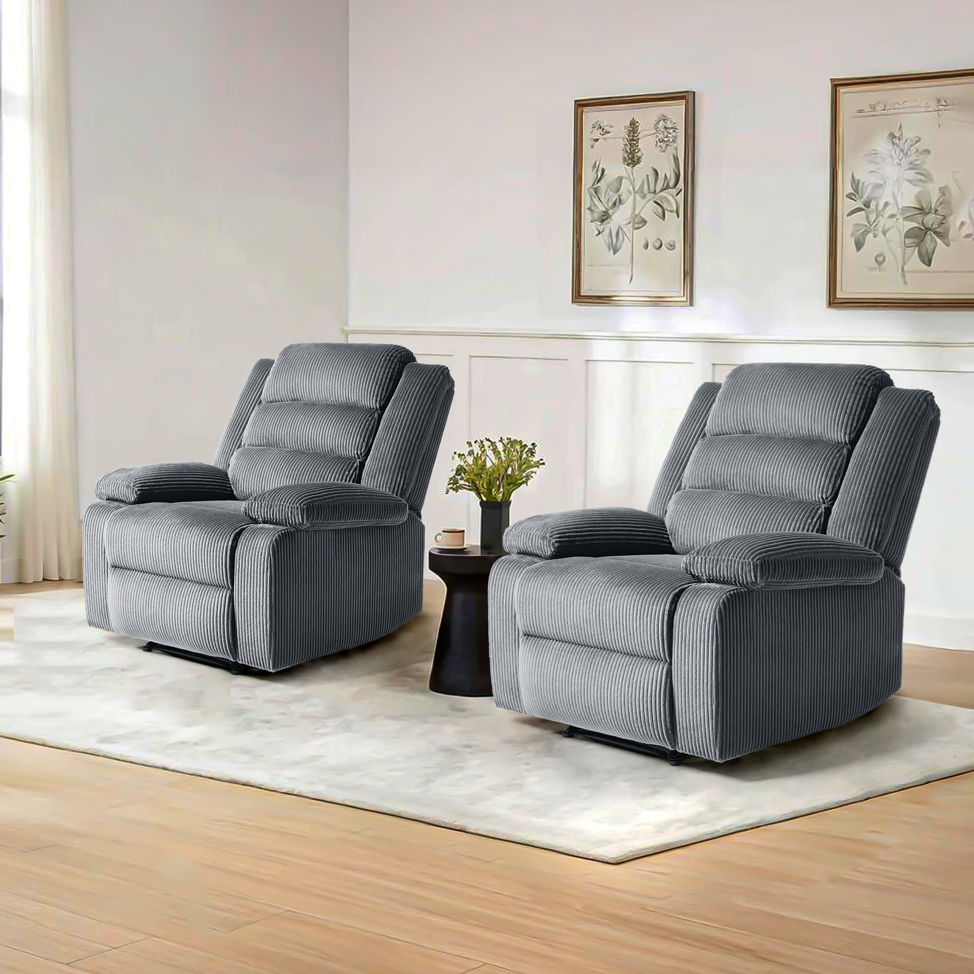 2 Set Modern Corduroy Manual Recliner Chair, Oversize Accent Chair Recliner with Wide Armrest
