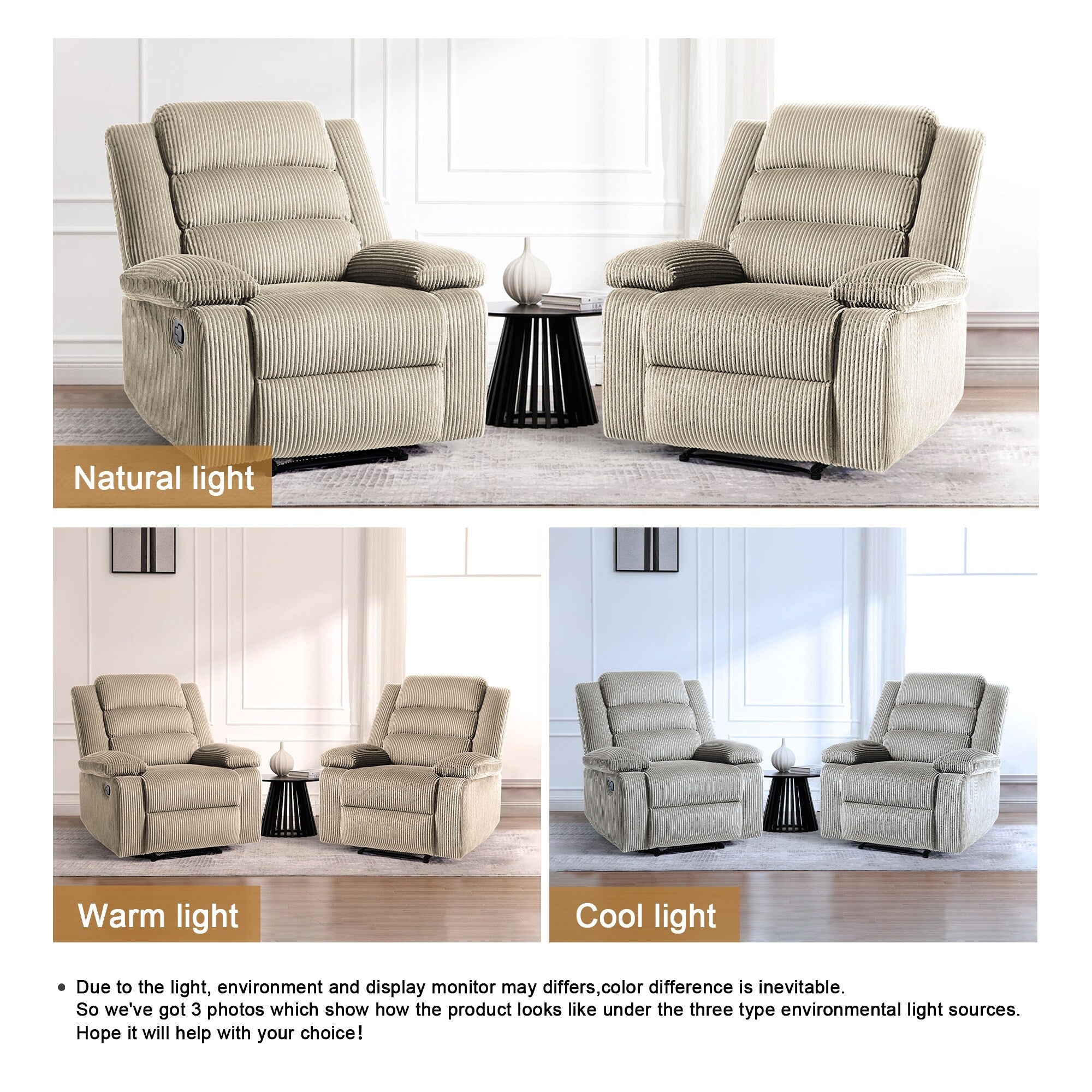 2 Set Modern Corduroy Manual Recliner Chair, Oversize Accent Chair Recliner with Wide Armrest