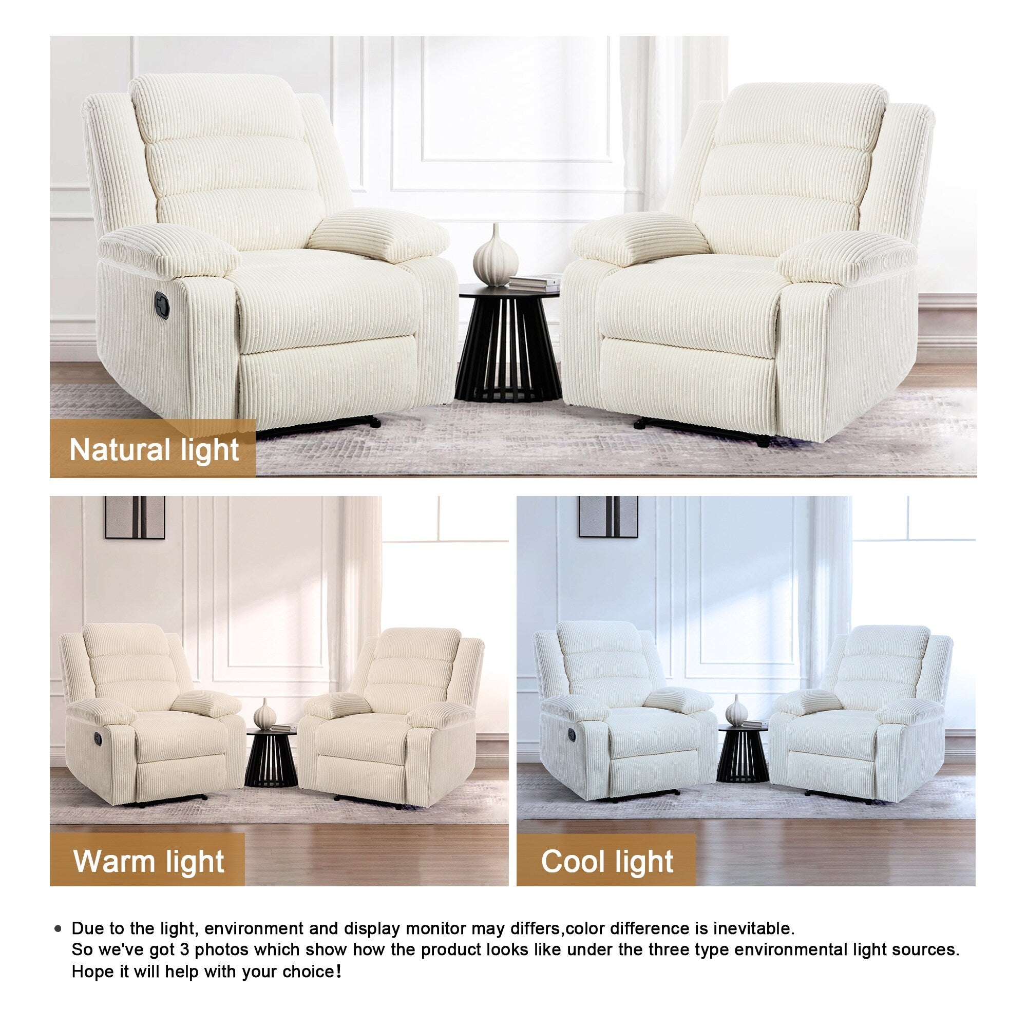 2 Set Modern Corduroy Manual Recliner Chair, Oversize Accent Chair Recliner with Wide Armrest