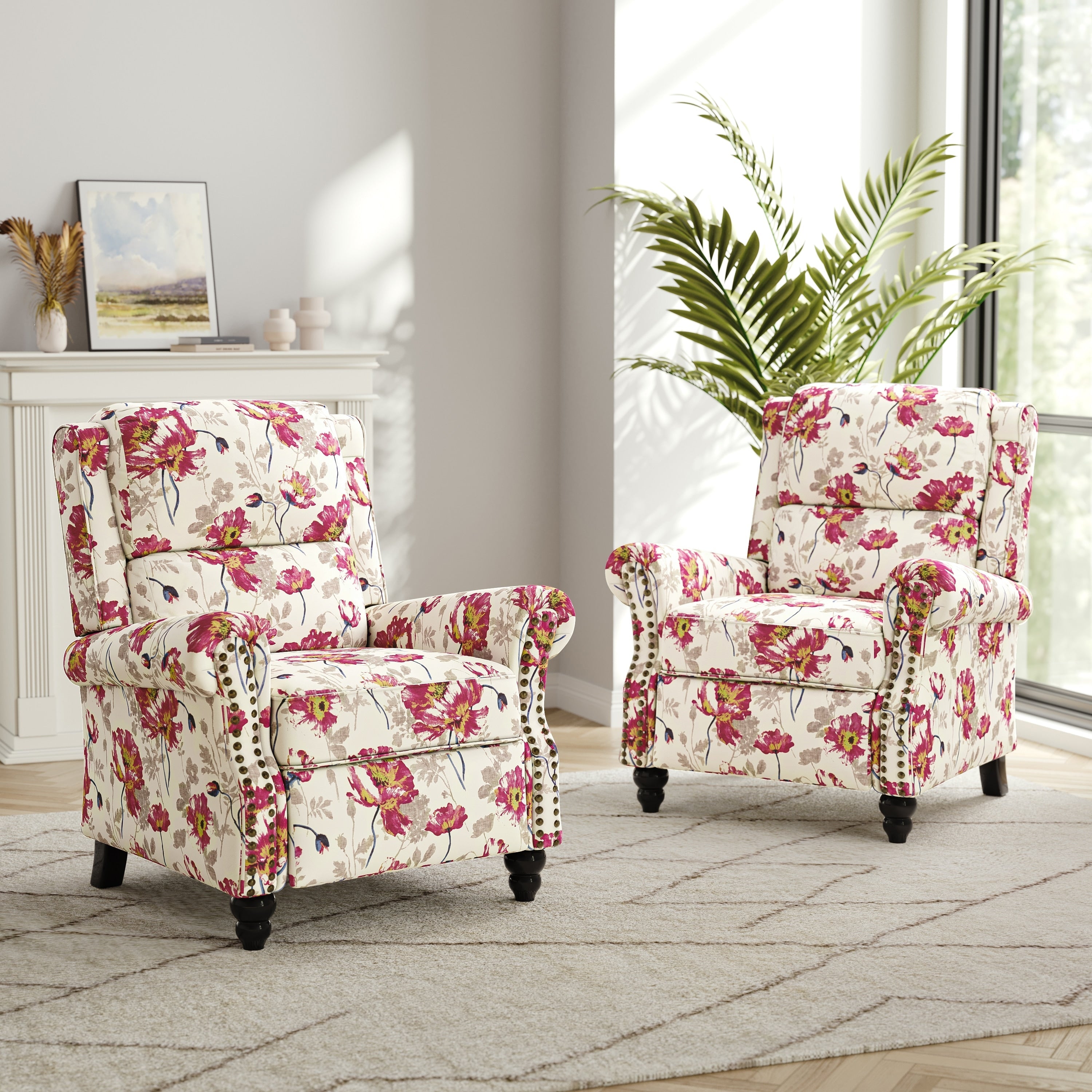 2 Set Nail-head Padded Seat Pushback Recliner Chair