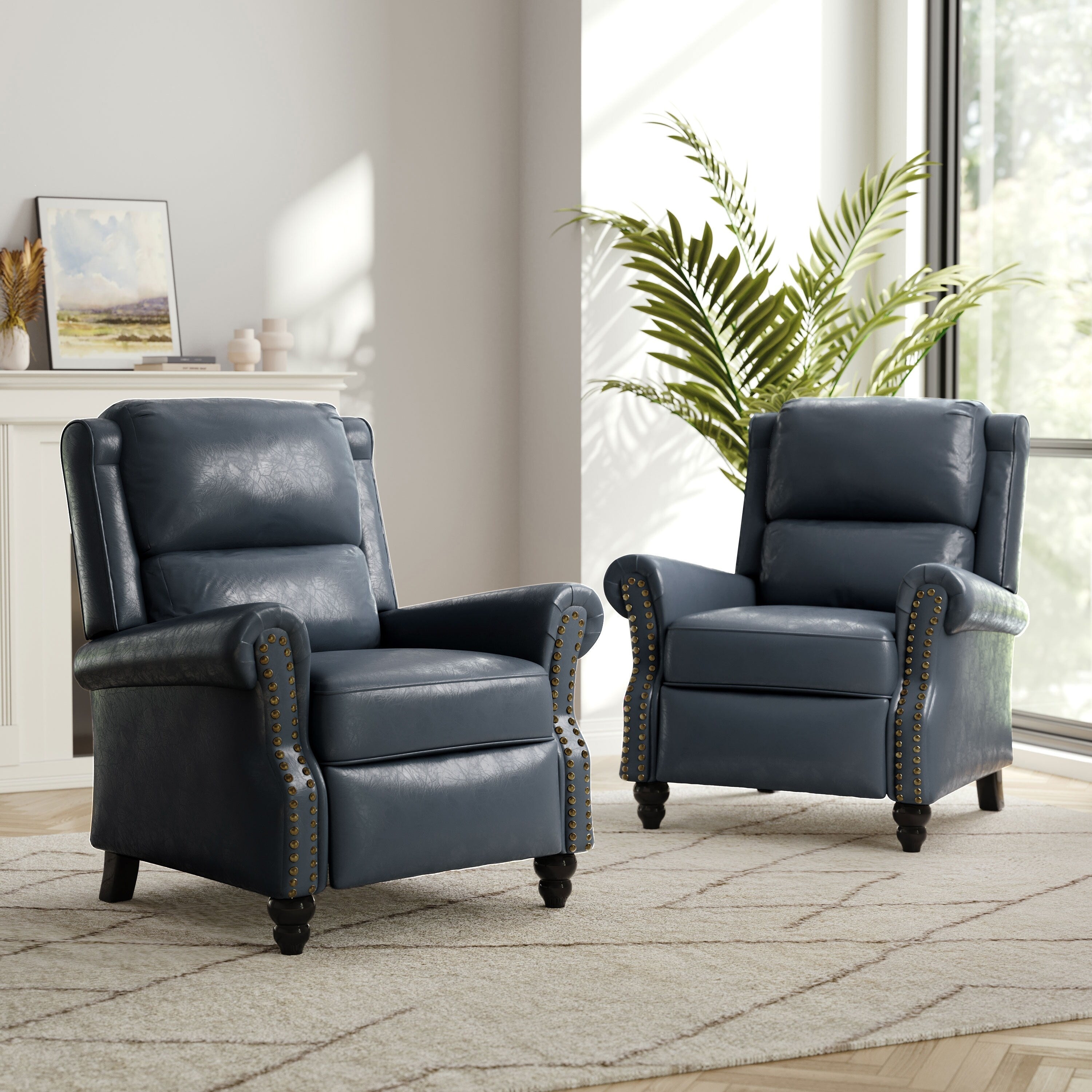 2 Set Nail-head Padded Seat Pushback Recliner Chair