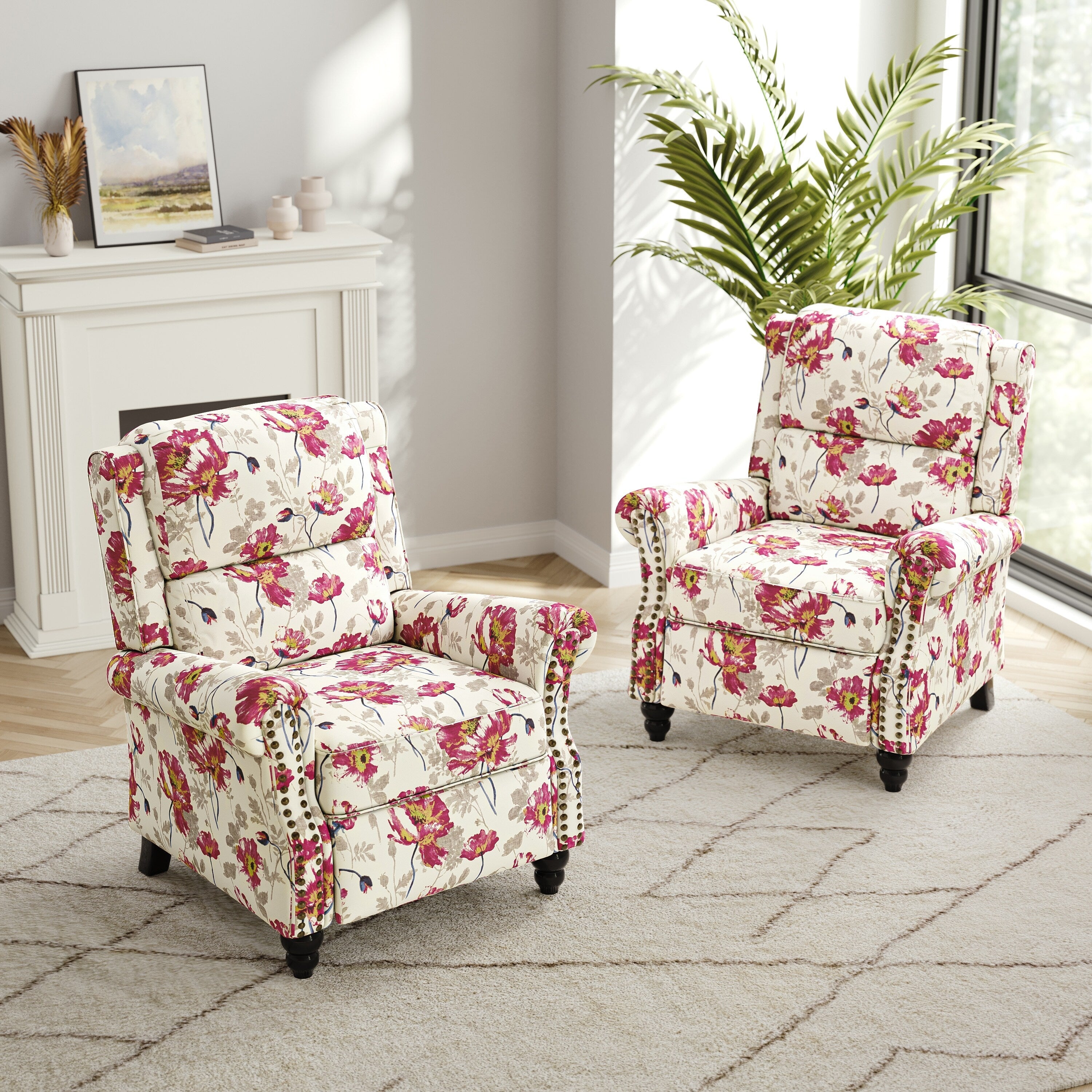 2 Set Nail-head Padded Seat Pushback Recliner Chair