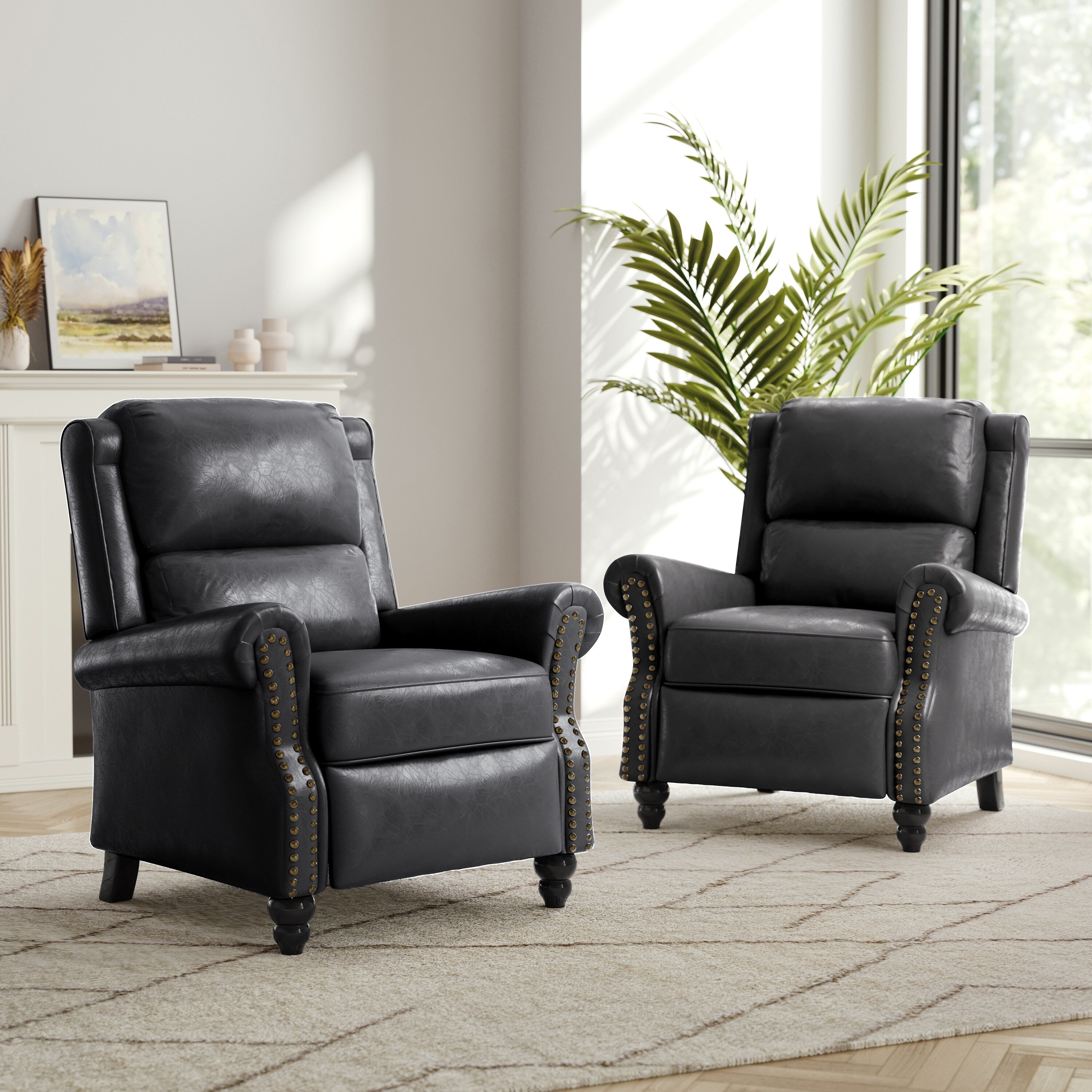 2 Set Nail-head Padded Seat Pushback Recliner Chair