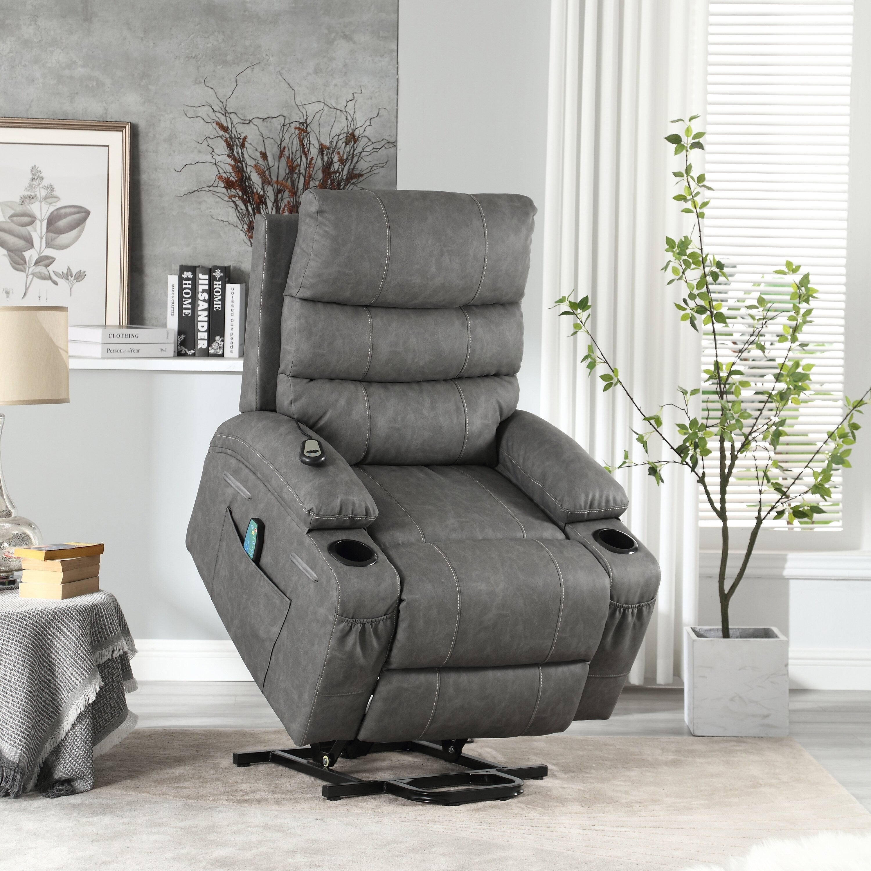 21 inch Seat Width Large Electric Power Lift Recliner for Elderly 8 Point Massage Lumbar Heat Remote Side Pockets Cup Holders