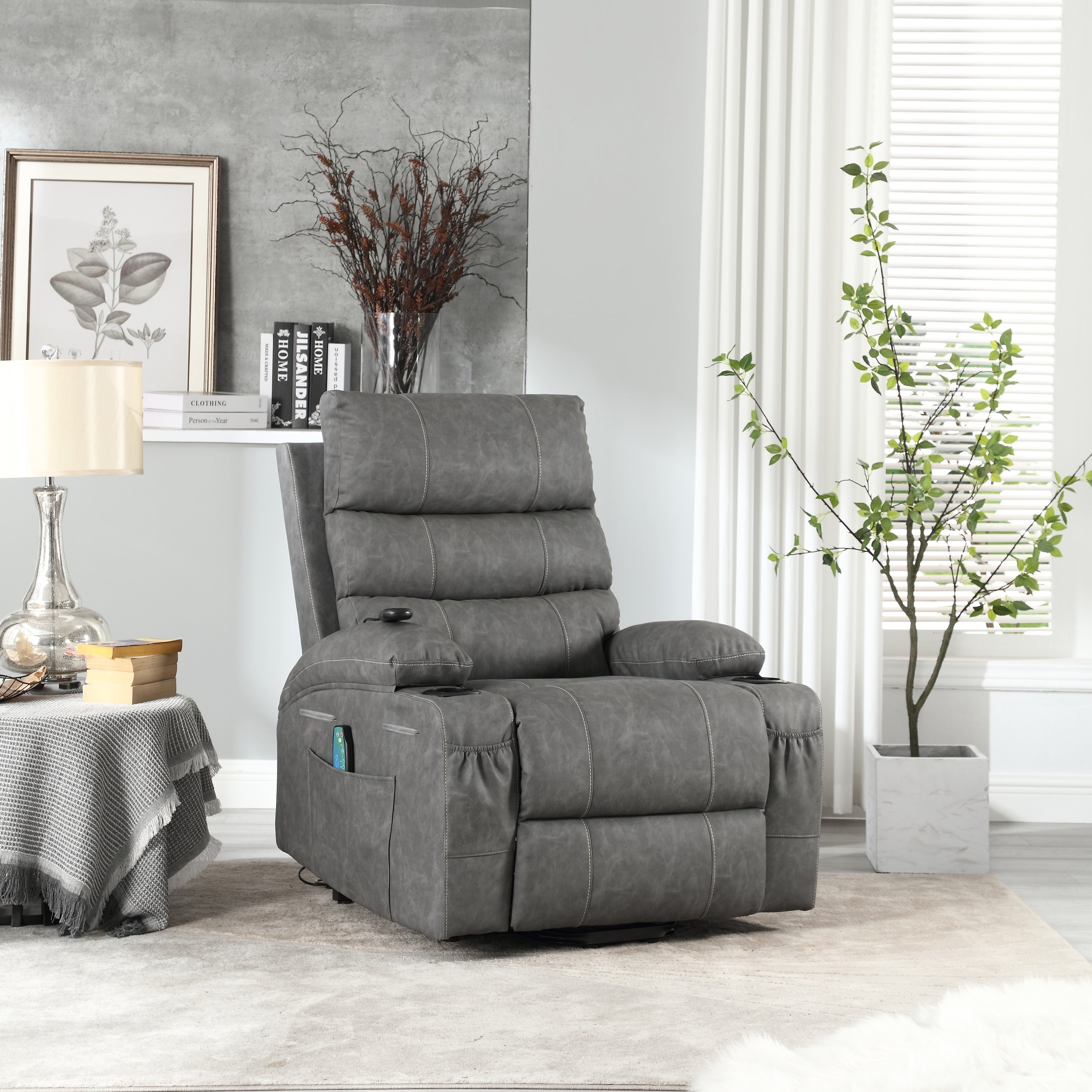 21W Large Size Electric Power Lift Recliner,8 Point Vibration Massage And Lumber Heat,Remote Control,Side Pockets,Cup Holders