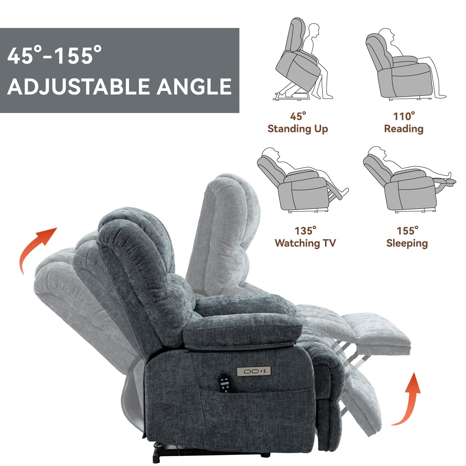 23 Seat Width and High Back Large Size Blue Grey Chenille Power Lift Recliner Chair with 8-Point Vibration Massage
