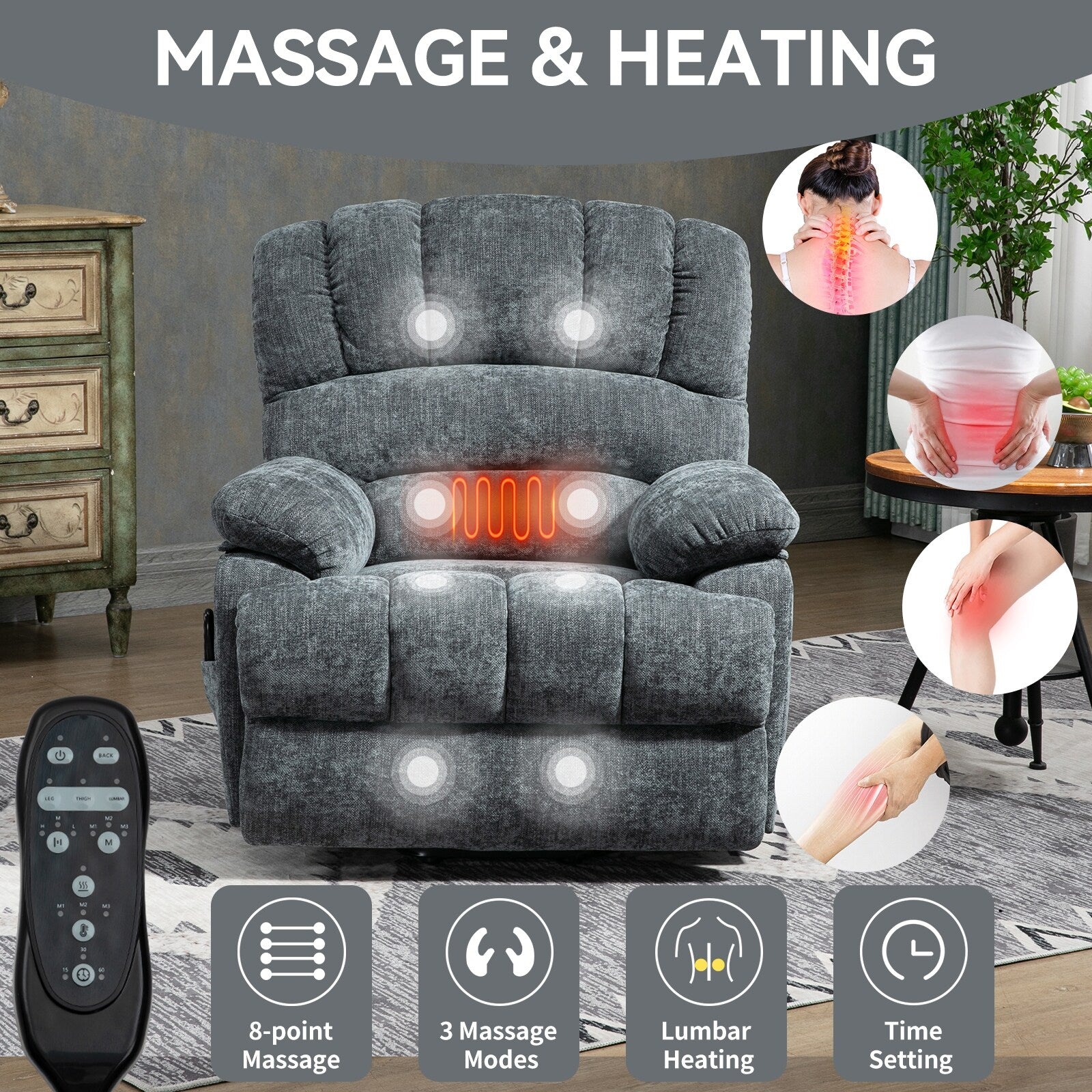 23 Seat Width and High Back Large Size Blue Grey Chenille Power Lift Recliner Chair with 8-Point Vibration Massage