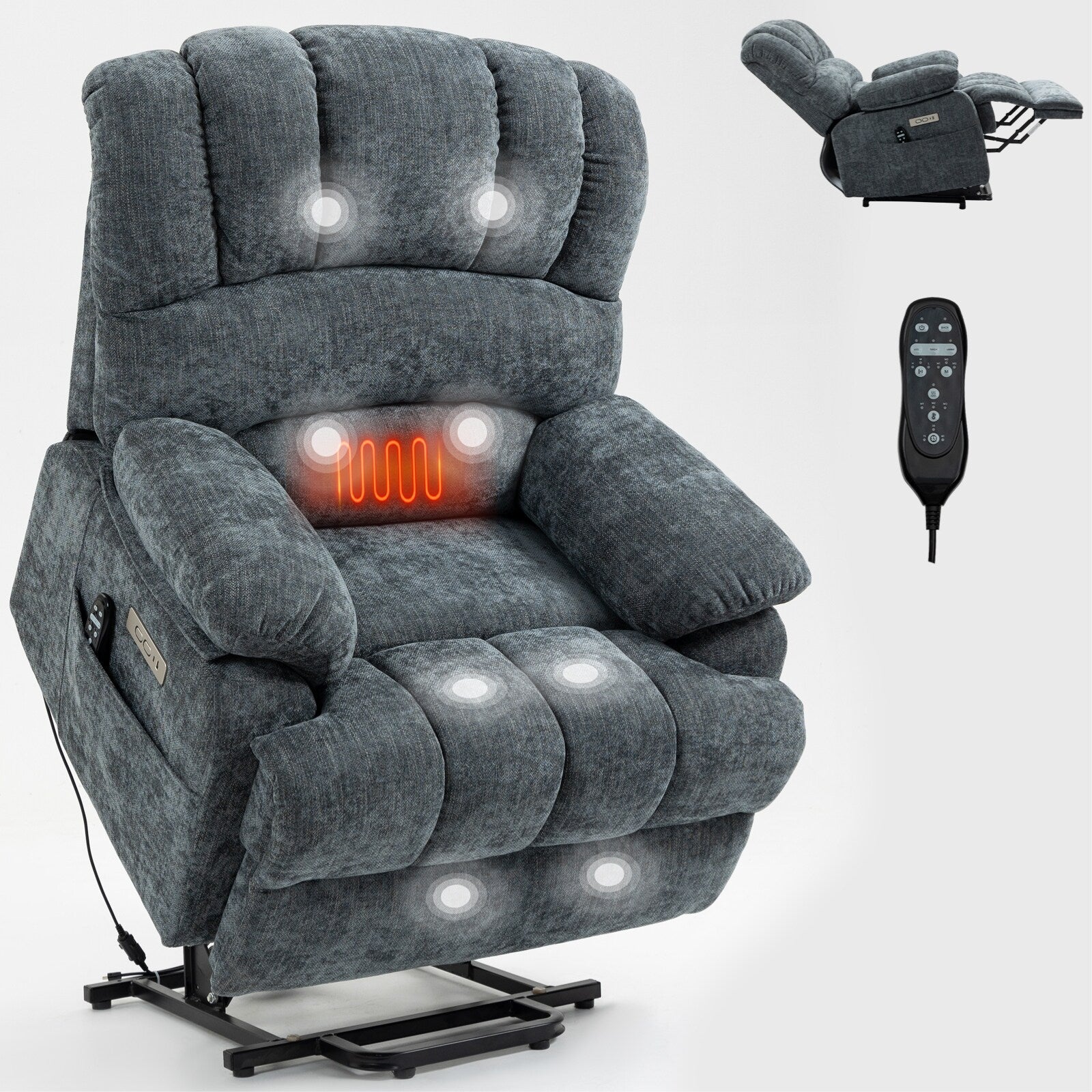 23 Seat Width and High Back Large Size Blue Grey Chenille Power Lift Recliner Chair with 8-Point Vibration Massage
