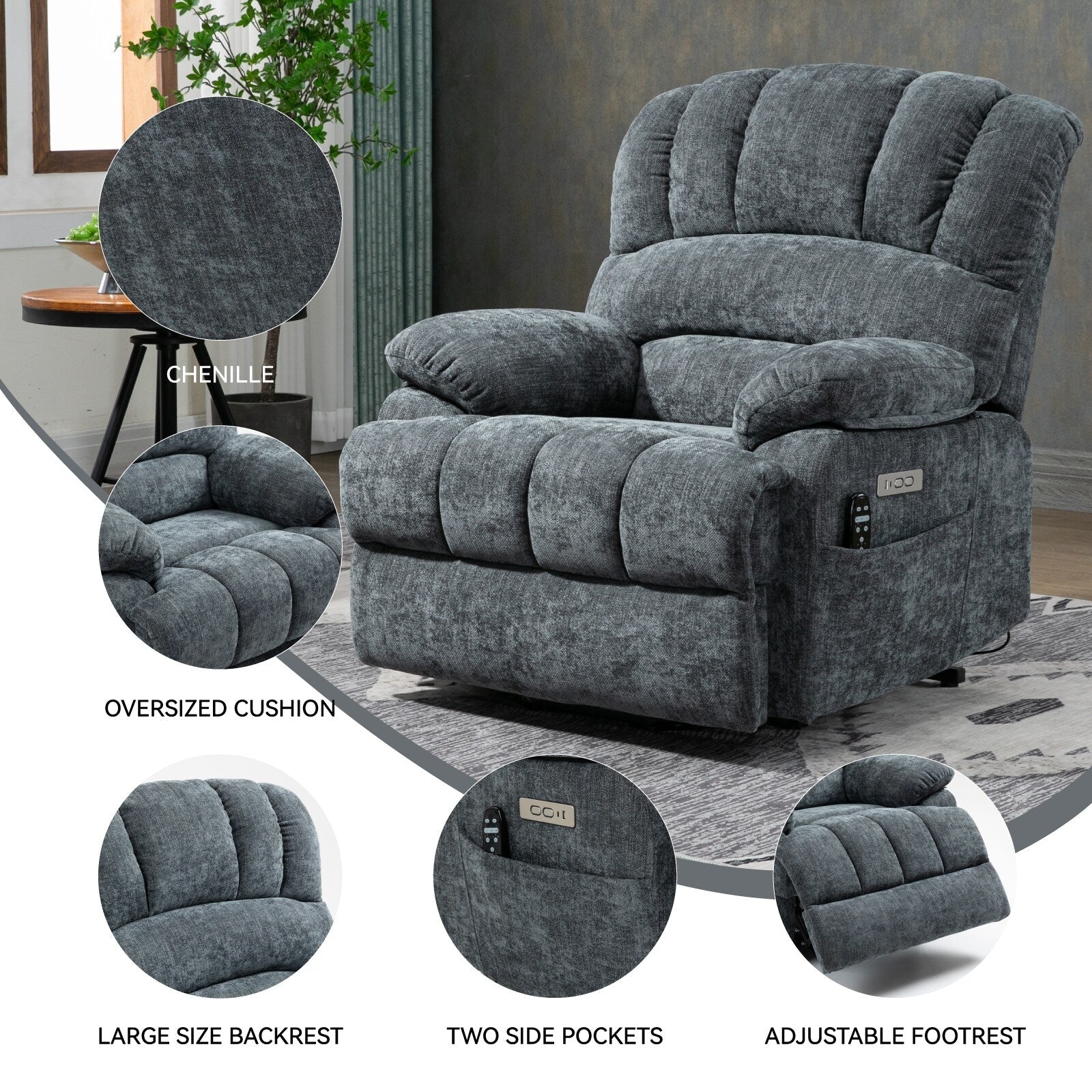 23 Seat Width and High Back Large Size Blue Grey Chenille Power Lift Recliner Chair with 8-Point Vibration Massage