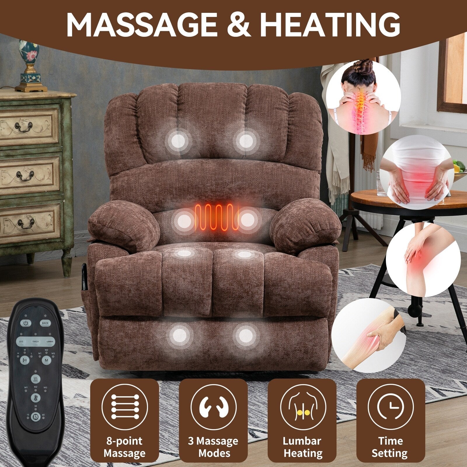 23 Seat Width and High Back Large Size Chenille Power Lift Recliner Chair with 8-Point Vibration Massage and Lumbar Heat
