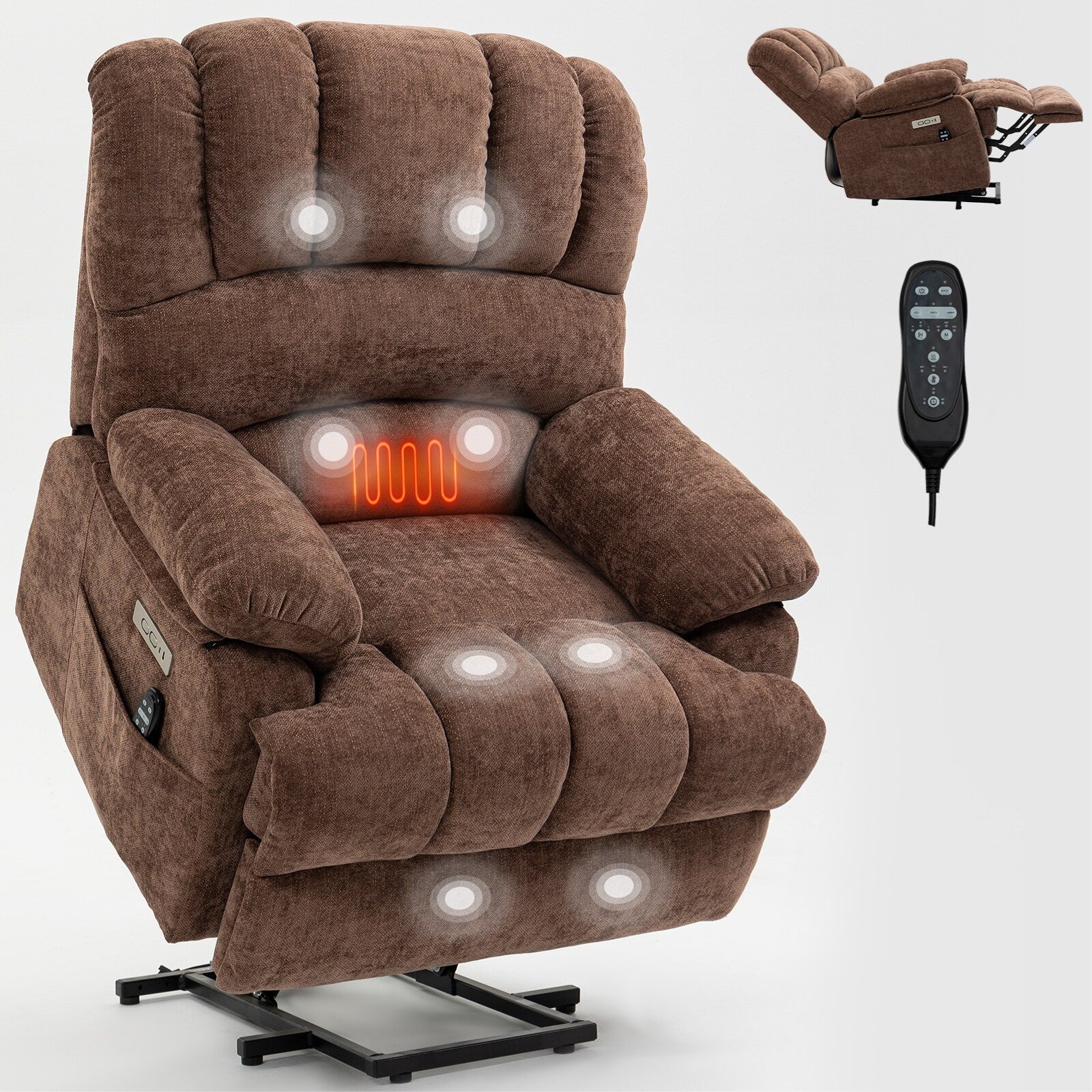 23 Seat Width and High Back Large Size Chenille Power Lift Recliner Chair with 8-Point Vibration Massage and Lumbar Heat