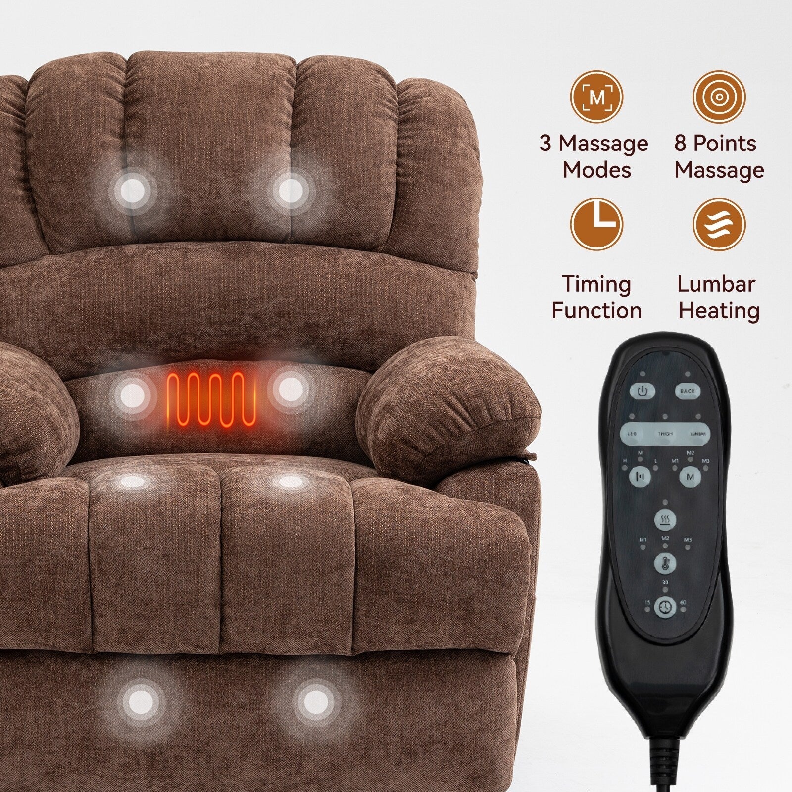 23 Seat Width and High Back Large Size Chenille Power Lift Recliner Chair with 8-Point Vibration Massage and Lumbar Heat
