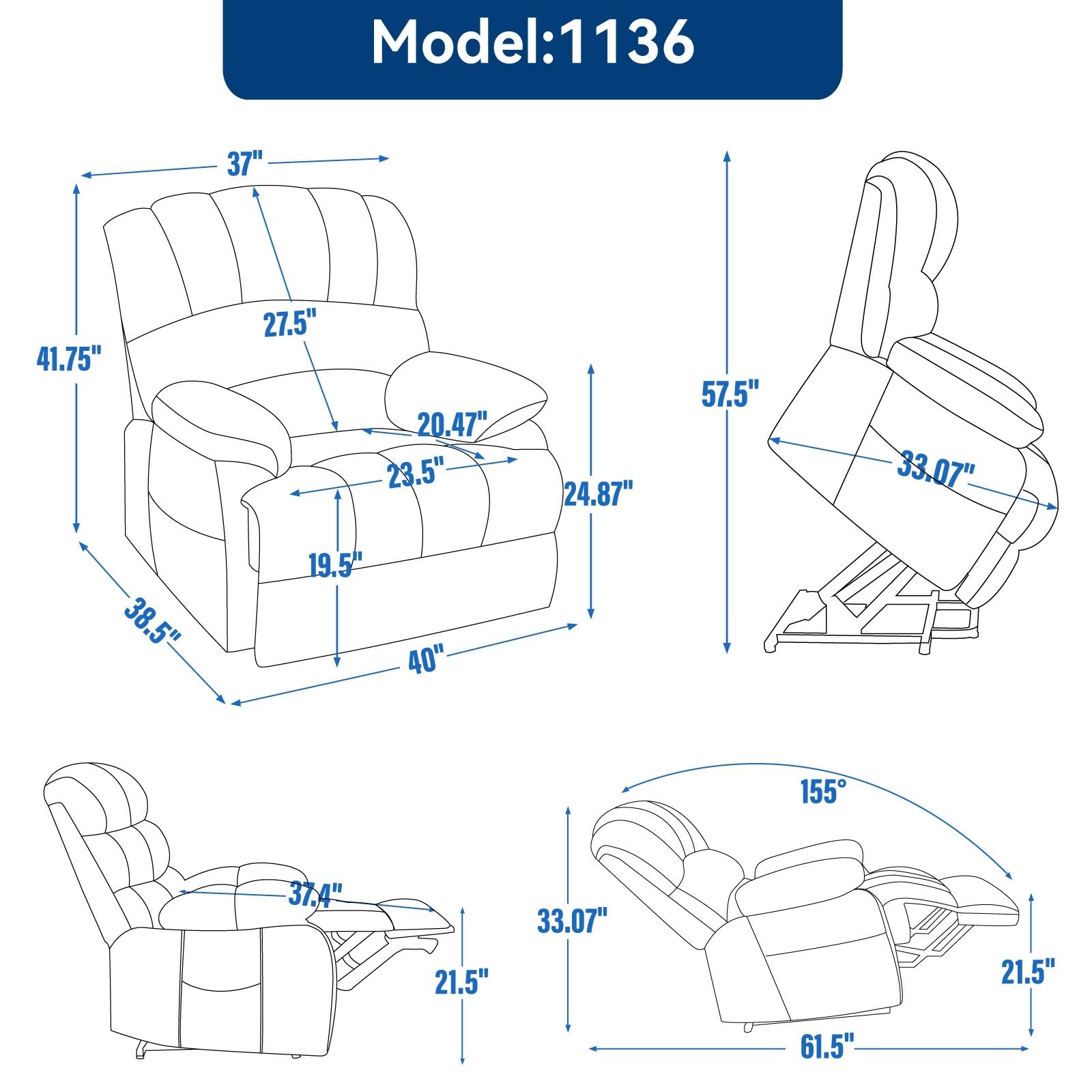 23 Seat Width and High Back Large Size Chenille Power Lift Recliner Chair with 8-Point Vibration Massage and Lumbar Heat