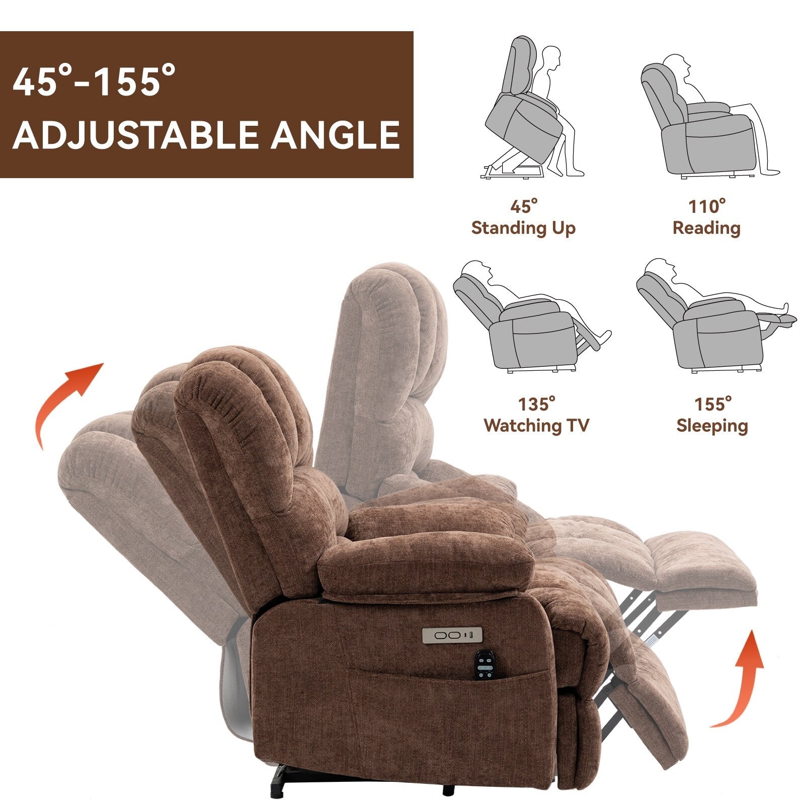 23 Seat Width and High Back Large Size Chenille Power Lift Recliner Chair with 8-Point Vibration Massage and Lumbar Heat